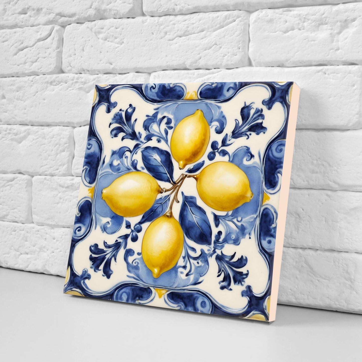 Italian Majolica Lemon Tiles - Set of 2 Italian Wall Decor Tiles - Kitchen Backsplash Tiles, Table Decorative Tiles, Bathroom Tiles, Coaster