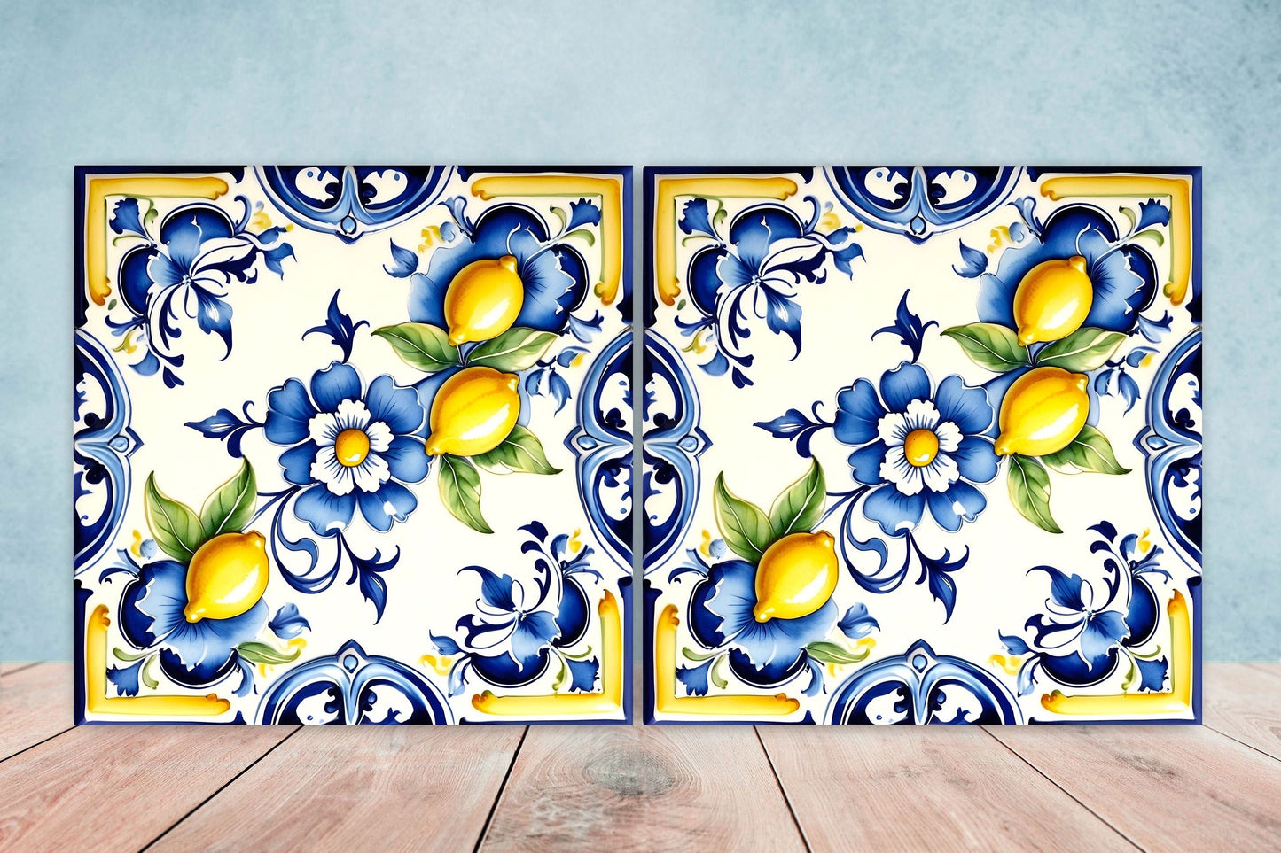 Italian Majolica Lemon Tiles - Set of 2 Italian Wall Decor Tiles - Kitchen Backsplash Tiles, Table Decorative Tiles, Bathroom Tiles, Coaster