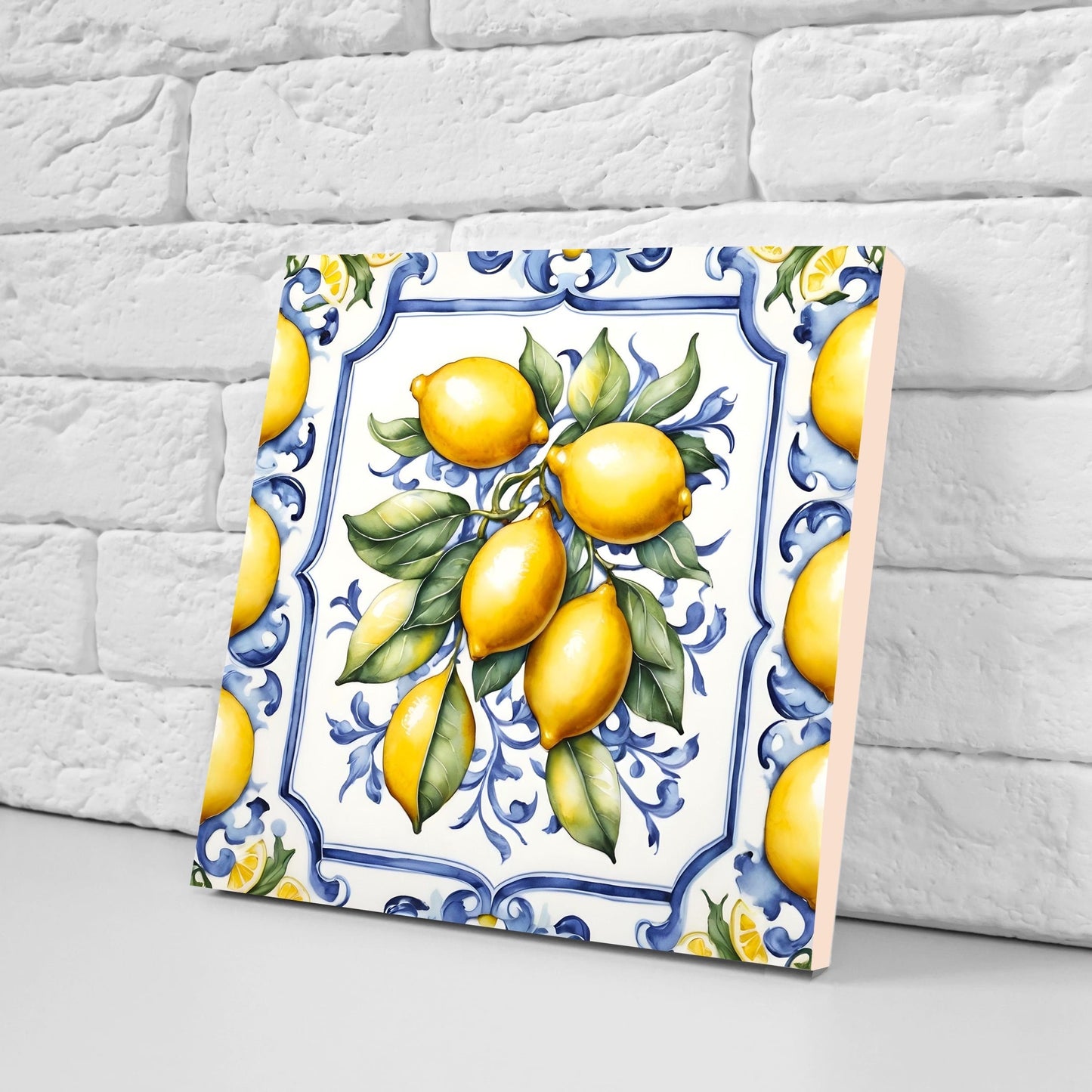 Italian Majolica Lemon Tiles - Set of 2 Italian Wall Decor Tiles - Kitchen Backsplash Tiles, Table Decorative Tiles, Bathroom Tiles, Coaster