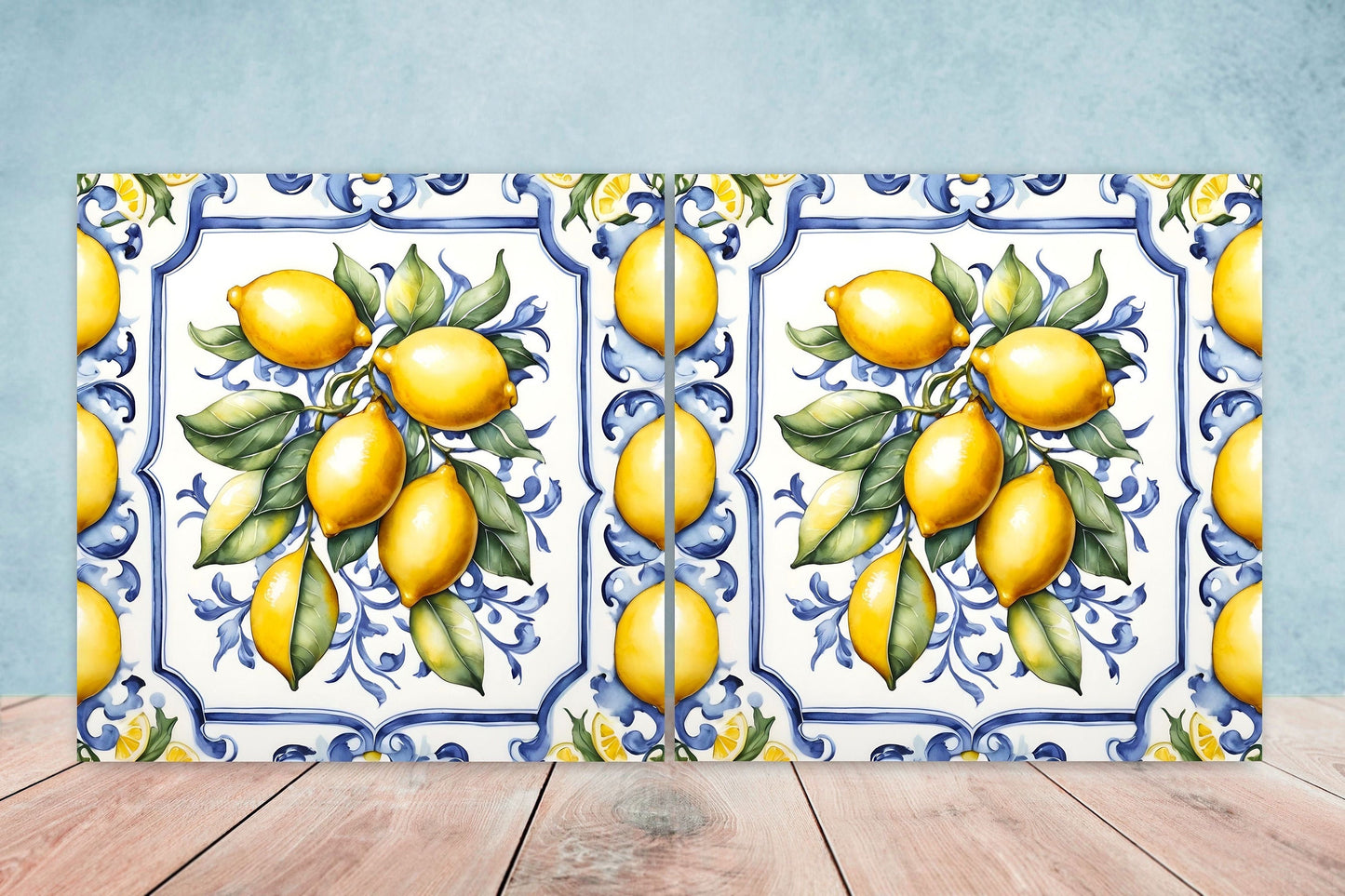 Italian Majolica Lemon Tiles - Set of 2 Italian Wall Decor Tiles - Kitchen Backsplash Tiles, Table Decorative Tiles, Bathroom Tiles, Coaster
