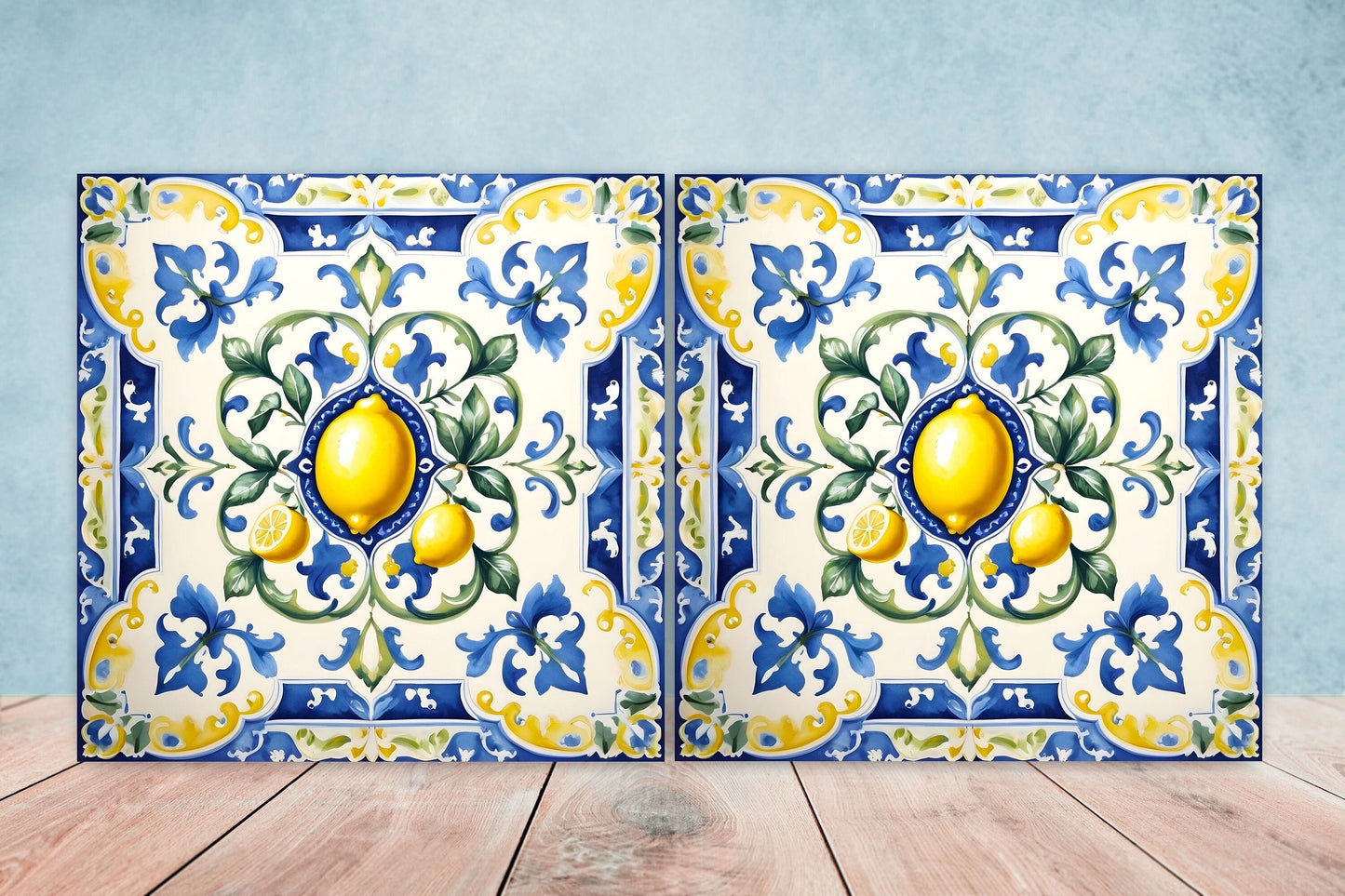 Italian Majolica Lemon Tiles - Set of 2 Italian Wall Decor Tiles - Kitchen Backsplash Tiles, Table Decorative Tiles, Bathroom Tiles, Coaster
