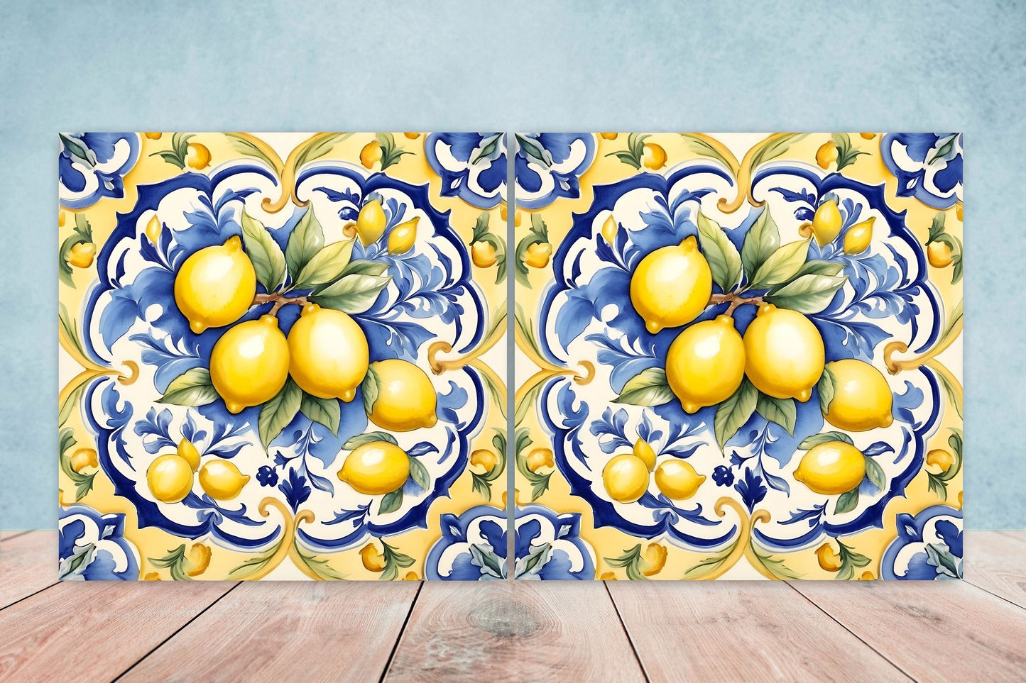 Italian Majolica Lemon Tiles - Set of 2 Italian Wall Decor Tiles - Kitchen Backsplash Tiles, Table Decorative Tiles, Bathroom Tiles, Coaster