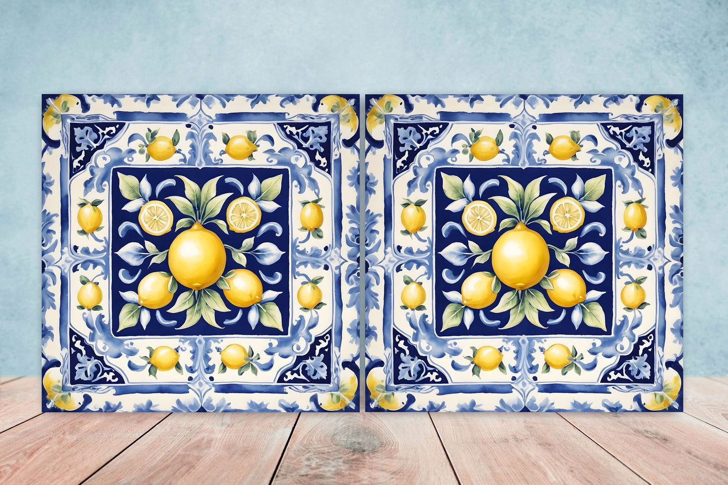 Italian Majolica Lemon Tiles - Set of 2 Italian Wall Decor Tiles - Kitchen Backsplash Tiles, Table Decorative Tiles, Bathroom Tiles, Coaster