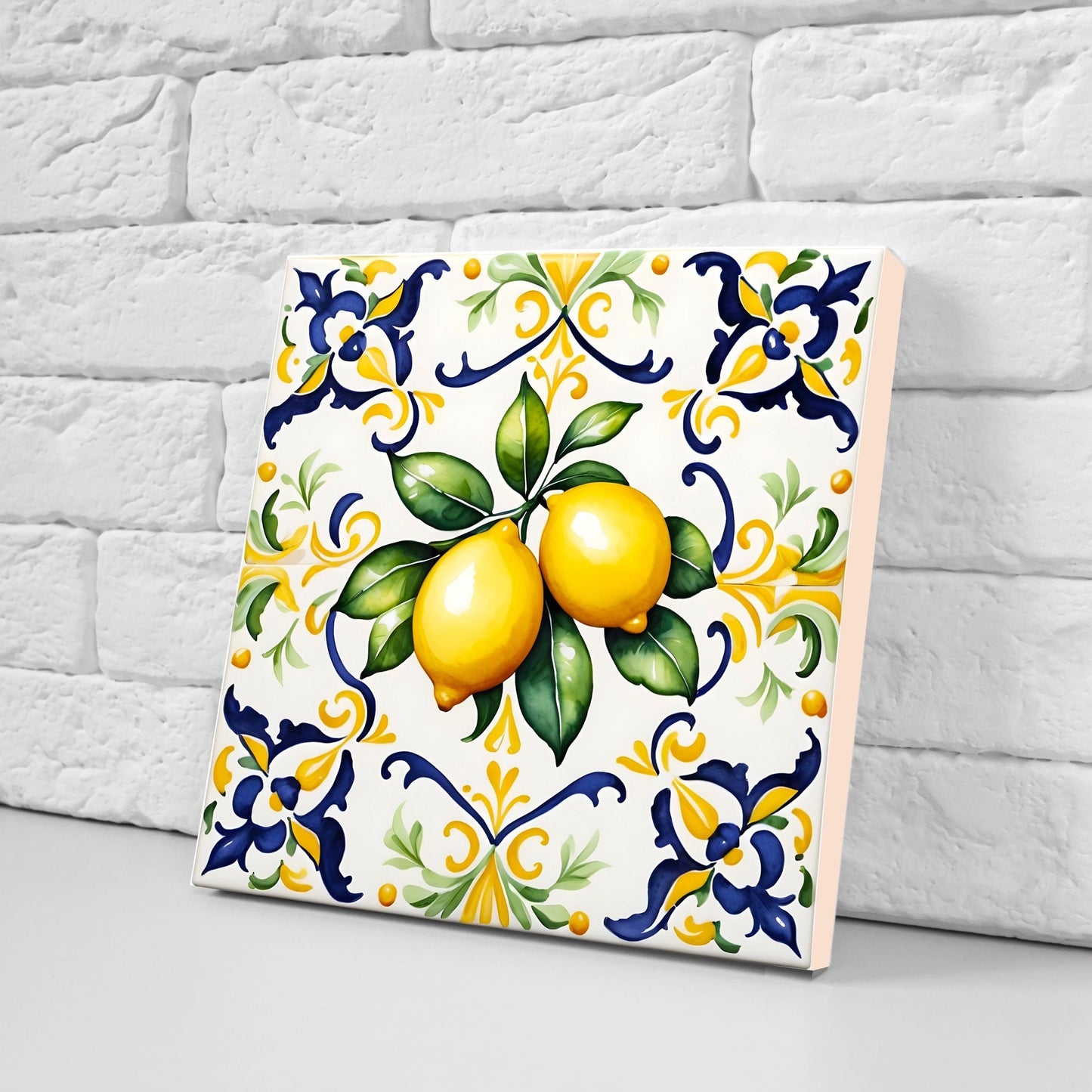 Italian Majolica Lemon Tiles - Set of 2 Italian Wall Decor Tiles - Kitchen Backsplash Tiles, Table Decorative Tiles, Bathroom Tiles, Coaster