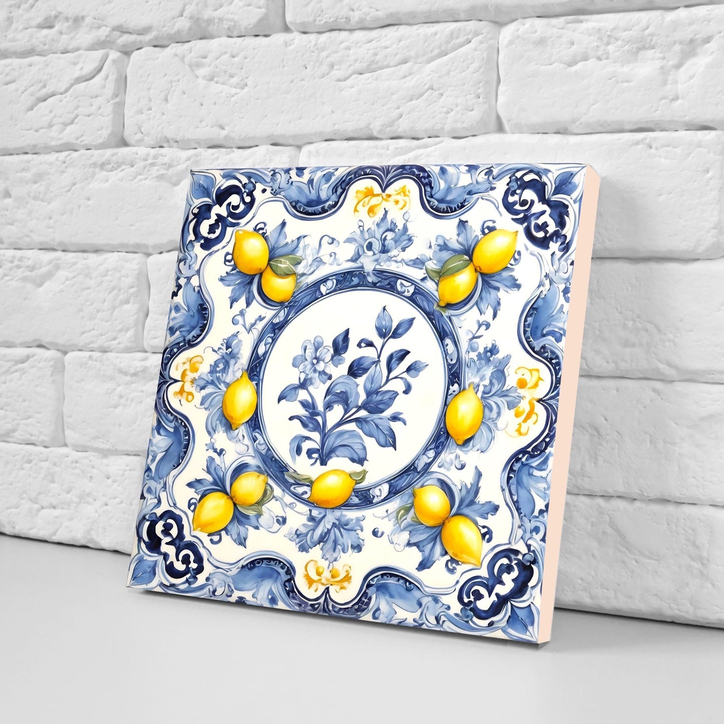 Italian Majolica Lemon Tiles - Set of 2 Italian Wall Decor Tiles - Kitchen Backsplash Tiles, Table Decorative Tiles, Bathroom Tiles, Coaster