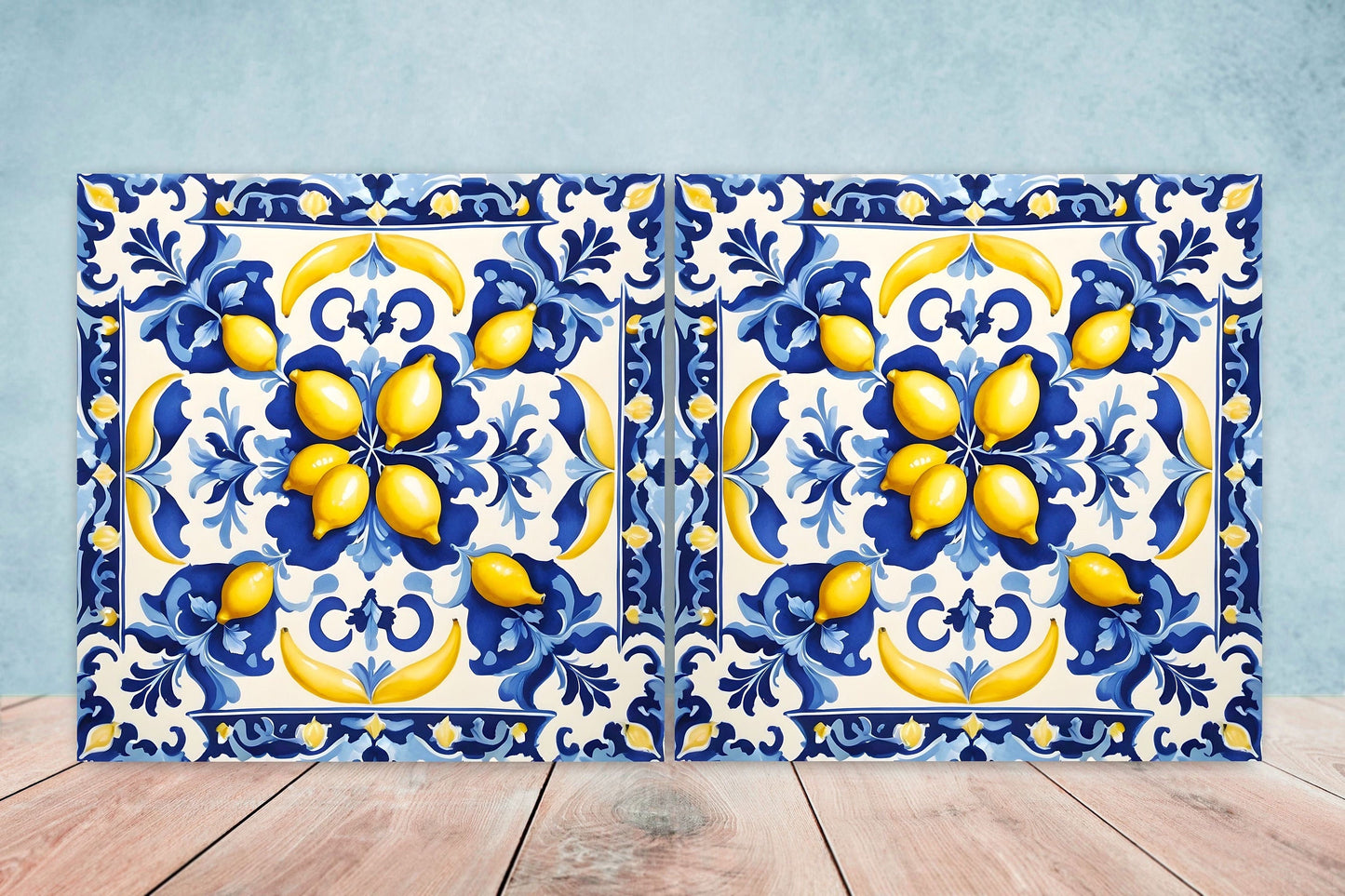 Italian Majolica Lemon Tiles - Set of 2 Italian Wall Decor Tiles - Kitchen Backsplash Tiles, Table Decorative Tiles, Bathroom Tiles, Coaster