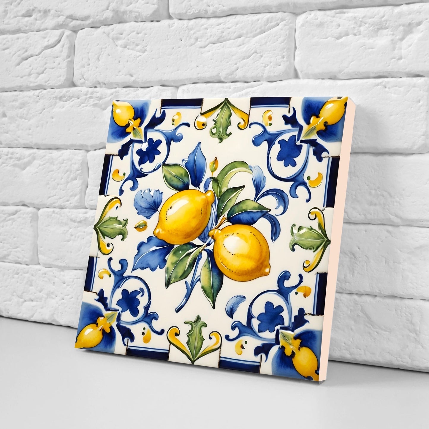 Italian Majolica Lemon Tiles - Set of 2 Italian Wall Decor Tiles - Kitchen Backsplash Tiles, Table Decorative Tiles, Bathroom Tiles, Coaster