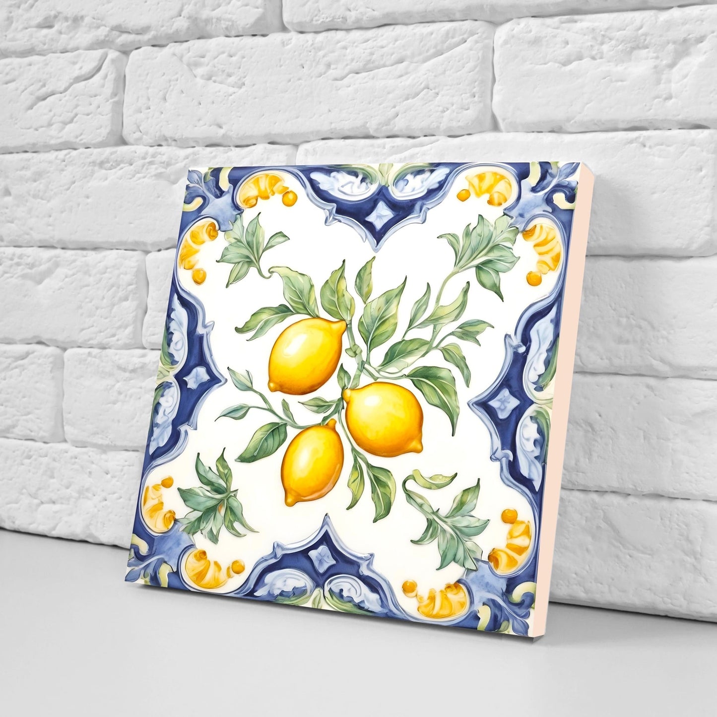 Italian Majolica Lemon Tiles - Set of 2 Italian Wall Decor Tiles - Kitchen Backsplash Tiles, Table Decorative Tiles, Bathroom Tiles, Coaster