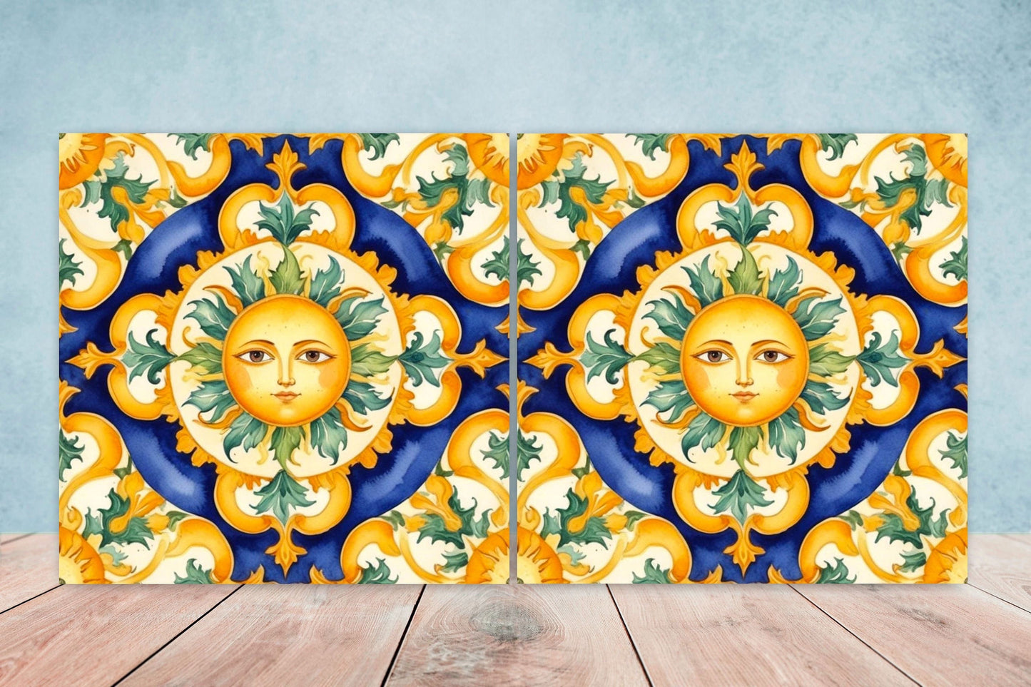 Italian Majolica Sun Tiles - Set of 2 Italian Wall Decor Tiles - Kitchen Backsplash Tiles, Table Decorative Tiles, Bathroom Tiles, Coaster