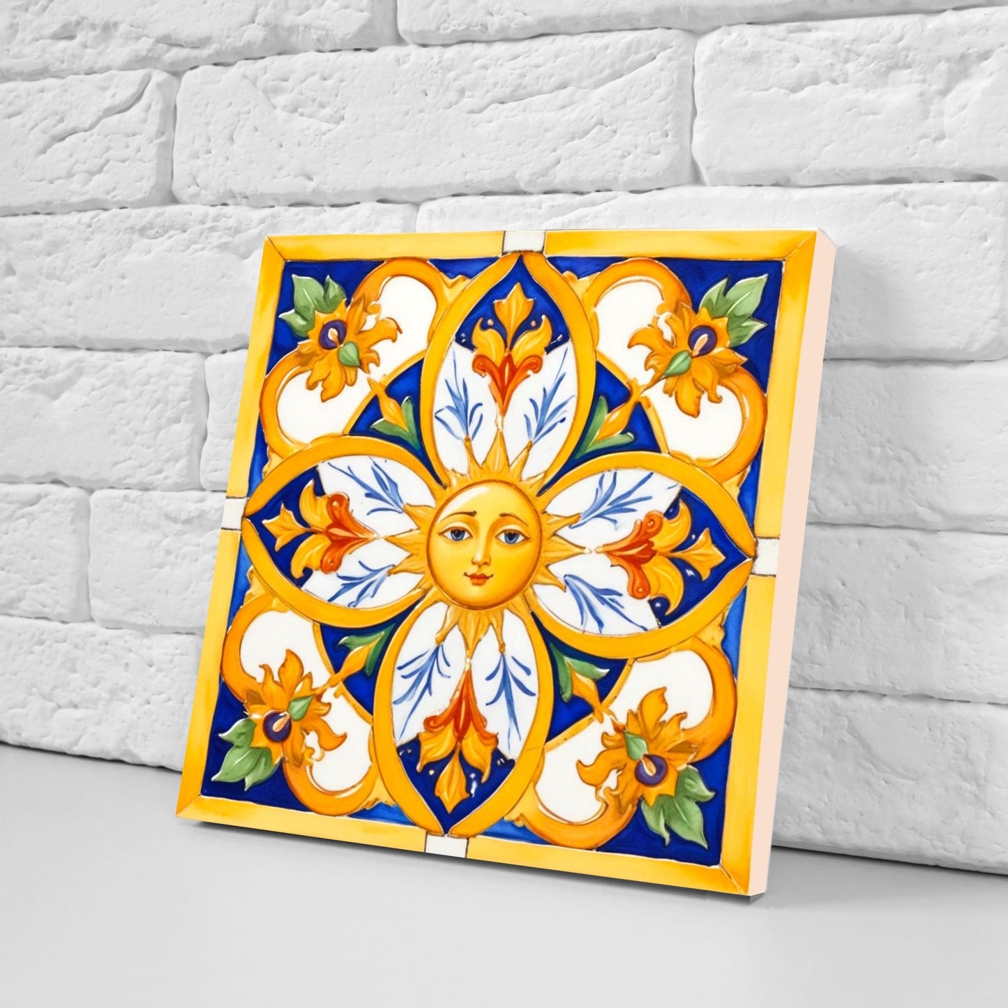 Italian Majolica Sun Tiles - Set of 2 Italian Wall Decor Tiles - Kitchen Backsplash Tiles, Table Decorative Tiles, Bathroom Tiles, Coaster