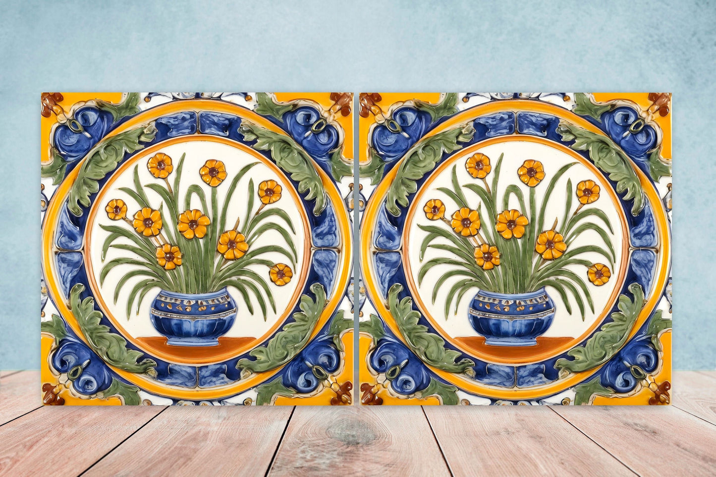 Italian Majolica Tiles - Set of 2 Sicilian Wall Decor Tiles - Kitchen Backsplash Tiles, Table Decorative Tiles, Bathroom Tiles, Coaster