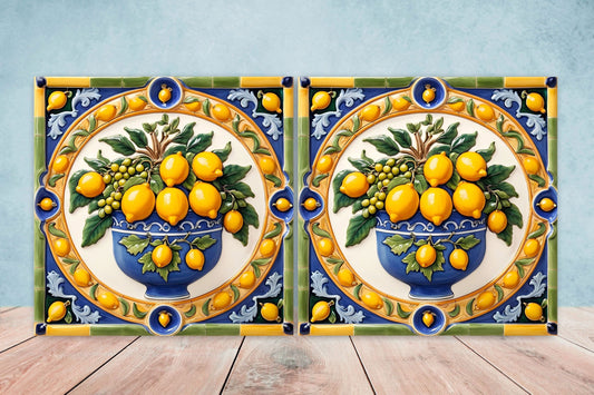 Italian Majolica Lemon Tiles - Set of 2 Italian Wall Decor Tiles - Kitchen Backsplash Tiles, Table Decorative Tiles, Bathroom Tiles, Coaster