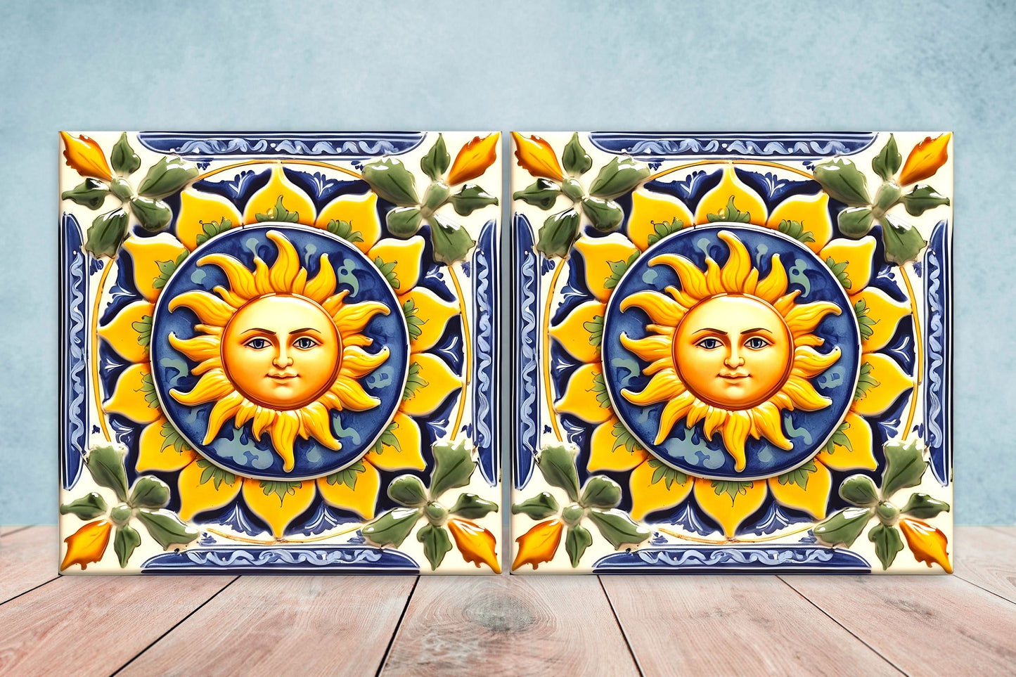Italian Majolica Sun Tiles - Set of 2 Italian Wall Decor Tiles - Kitchen Backsplash Tiles, Table Decorative Tiles, Bathroom Tiles, Coaster