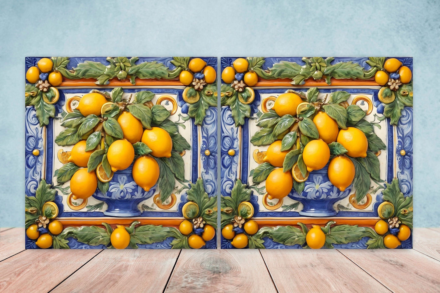 Italian Majolica Lemon Tiles - Set of 2 Italian Wall Decor Tiles - Kitchen Backsplash Tiles, Table Decorative Tiles, Bathroom Tiles, Coaster