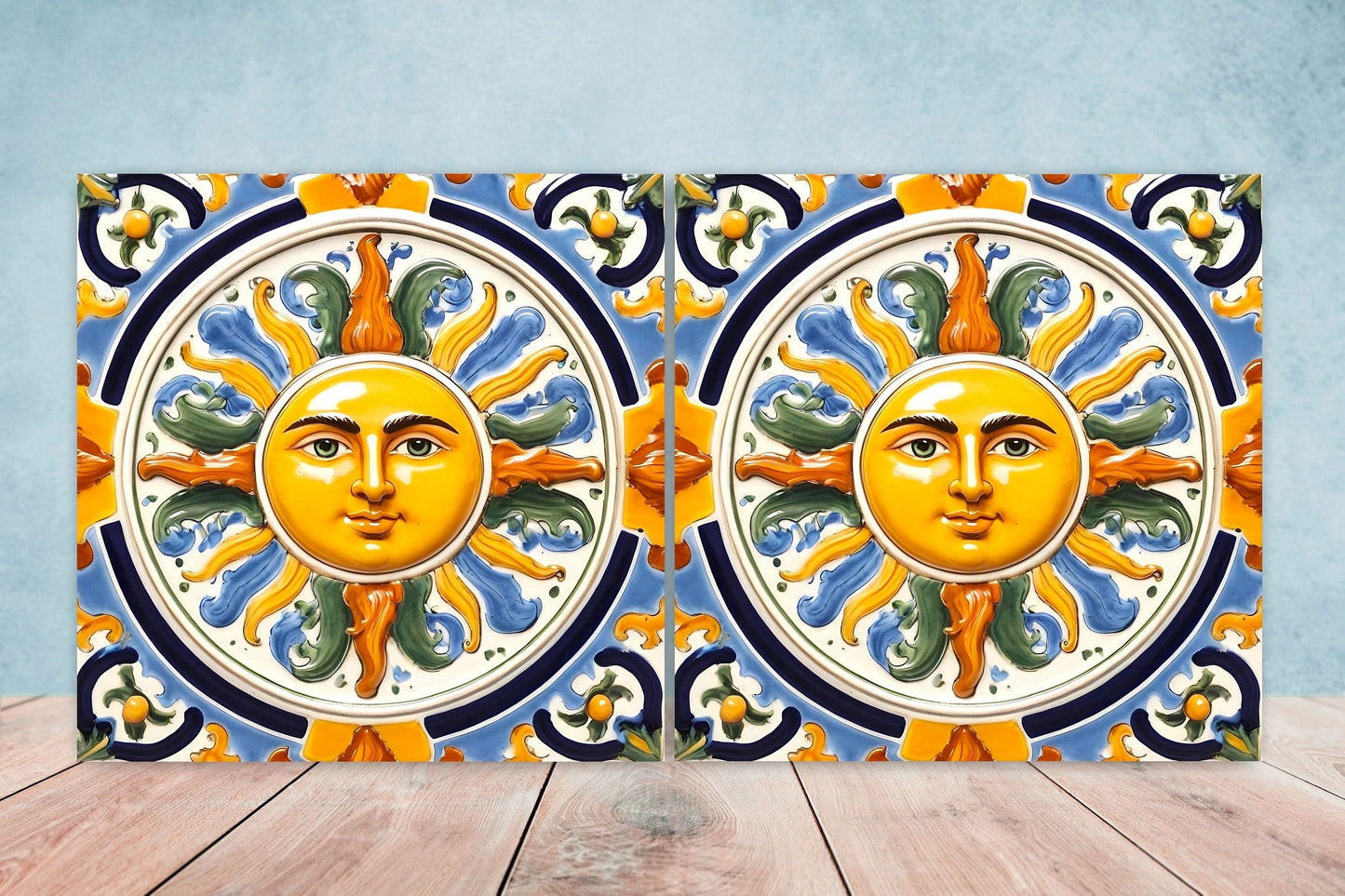 Italian Majolica Sun Tiles - Set of 2 Italian Wall Decor Tiles - Kitchen Backsplash Tiles, Table Decorative Tiles, Bathroom Tiles, Coaster