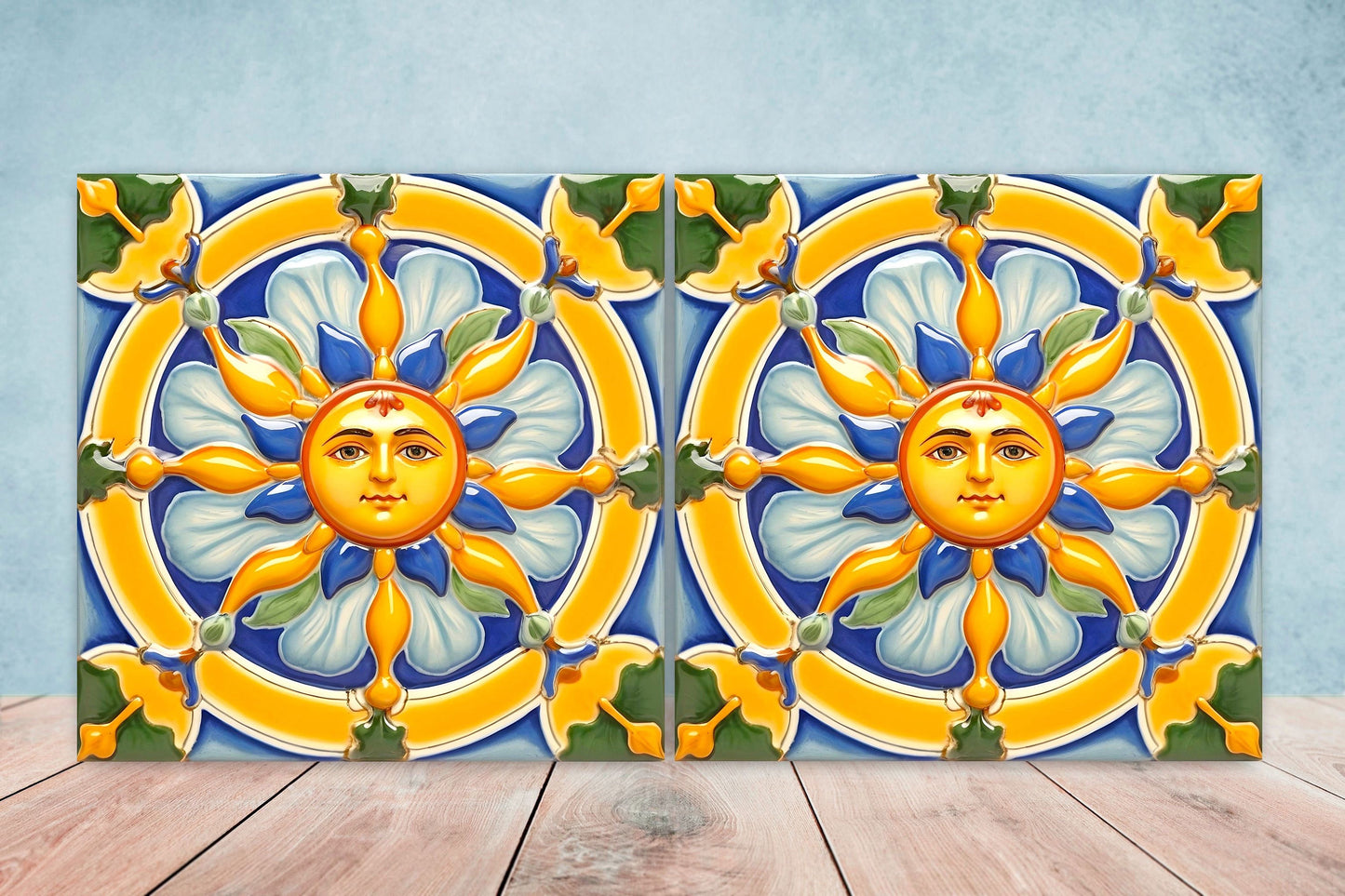 Italian Majolica Sun Tiles - Set of 2 Italian Wall Decor Tiles - Kitchen Backsplash Tiles, Table Decorative Tiles, Bathroom Tiles, Coaster