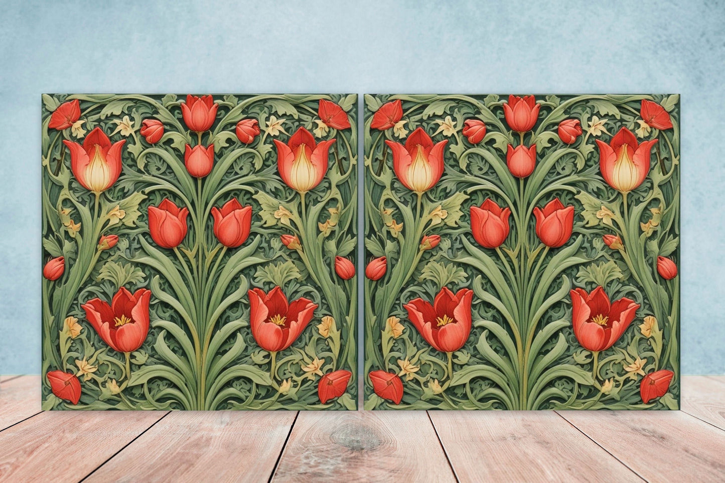 Art Nouveau Flower Ceramic Tiles - Set of 2 Art Nouveau Wall Decor Tiles - Kitchen Backsplash Tiles, Table Decorative Tiles, Bathroom Tiles