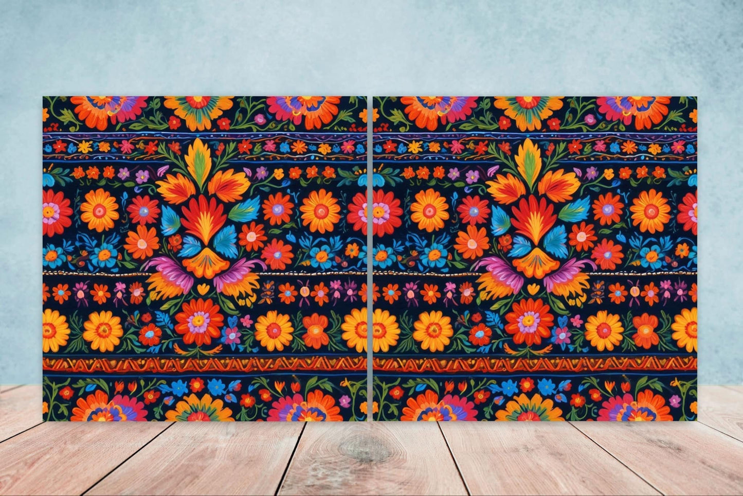 Mexican Ceramic tiles - Set of 2 Mexican Folk design Wall Decor Tiles, Flower Tiles, Floral Print - Kitchen Backsplash Tiles, Bathroom Tiles