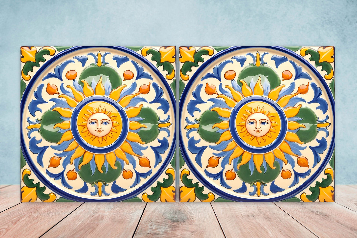 Italian Majolica Sun Tiles - Set of 2 Italian Wall Decor Tiles - Kitchen Backsplash Tiles, Table Decorative Tiles, Bathroom Tiles, Coaster