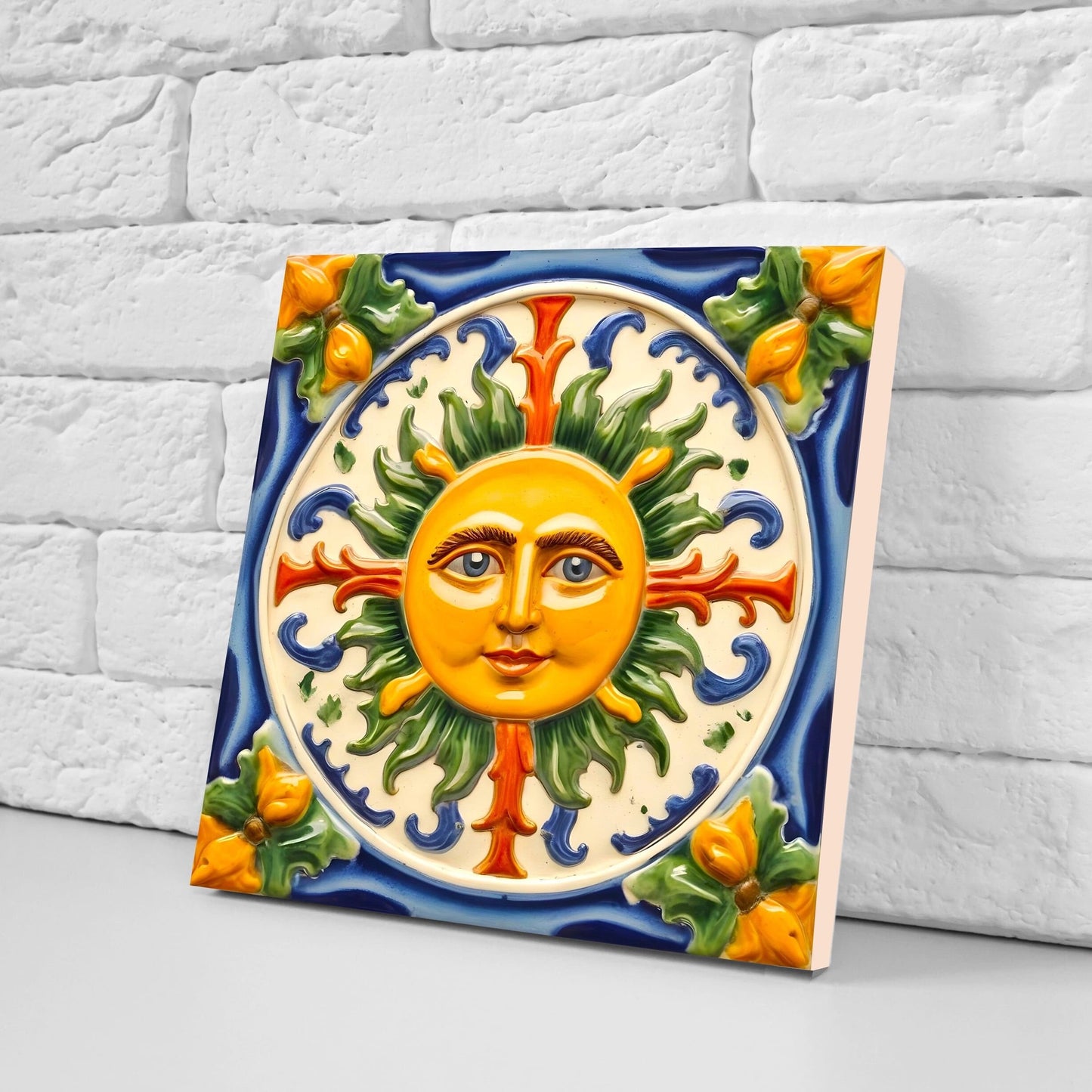 Italian Majolica Sun Tiles - Set of 2 Italian Wall Decor Tiles - Kitchen Backsplash Tiles, Table Decorative Tiles, Bathroom Tiles, Coaster