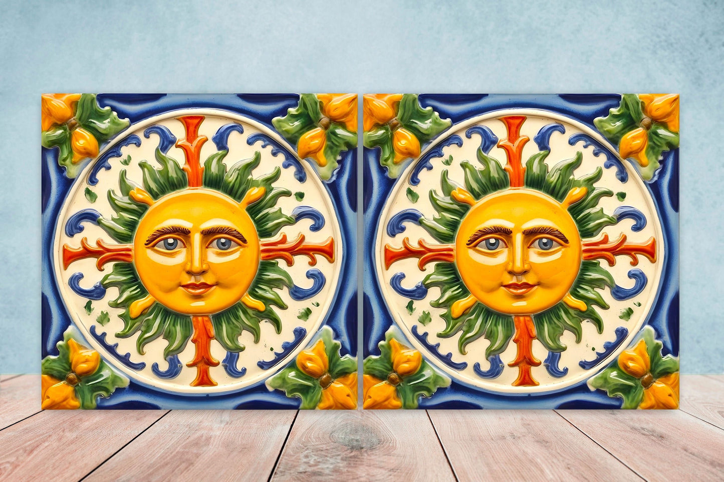Italian Majolica Sun Tiles - Set of 2 Italian Wall Decor Tiles - Kitchen Backsplash Tiles, Table Decorative Tiles, Bathroom Tiles, Coaster