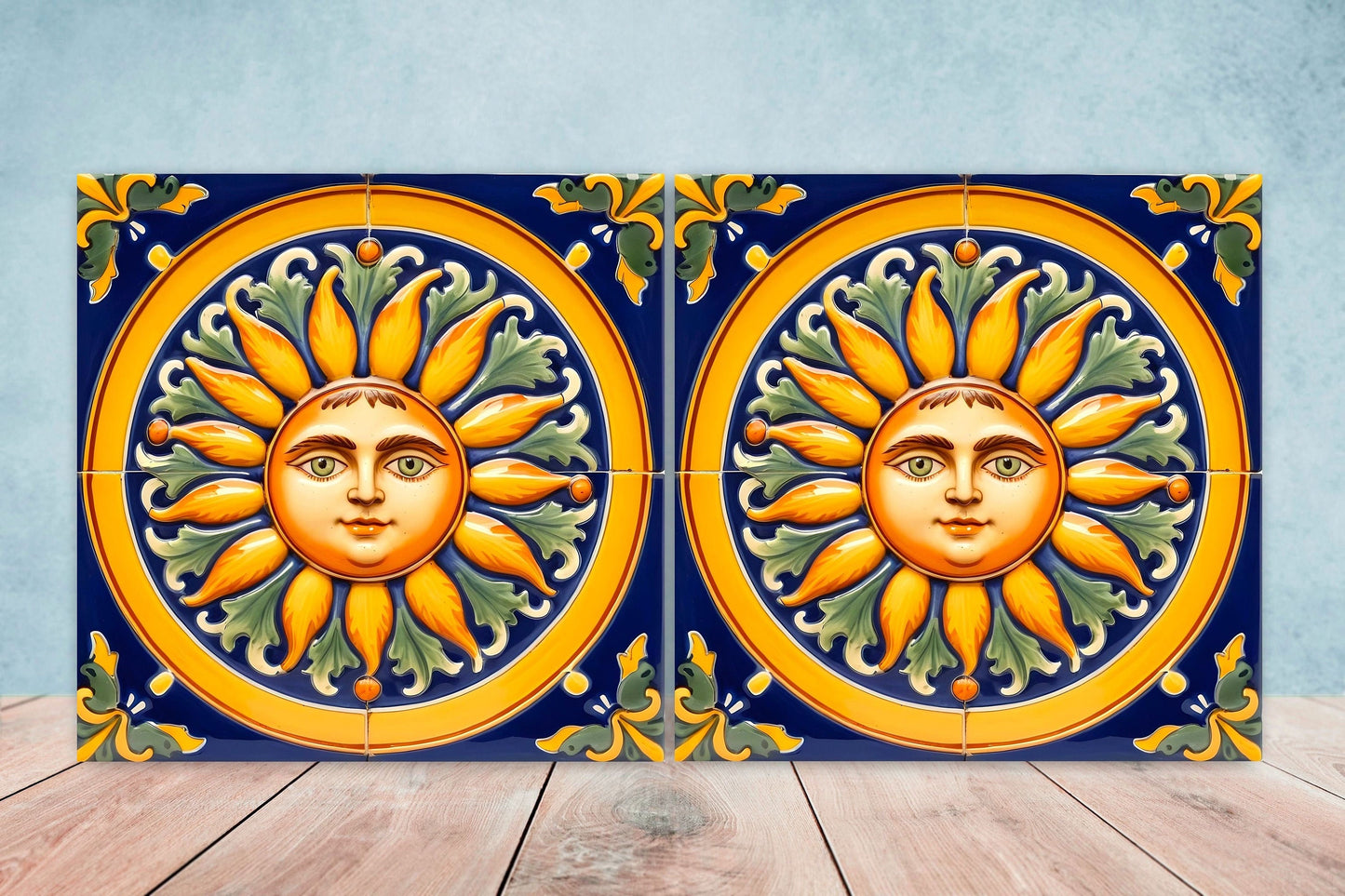 Italian Majolica Sun Tiles - Set of 2 Italian Wall Decor Tiles - Kitchen Backsplash Tiles, Table Decorative Tiles, Bathroom Tiles, Coaster