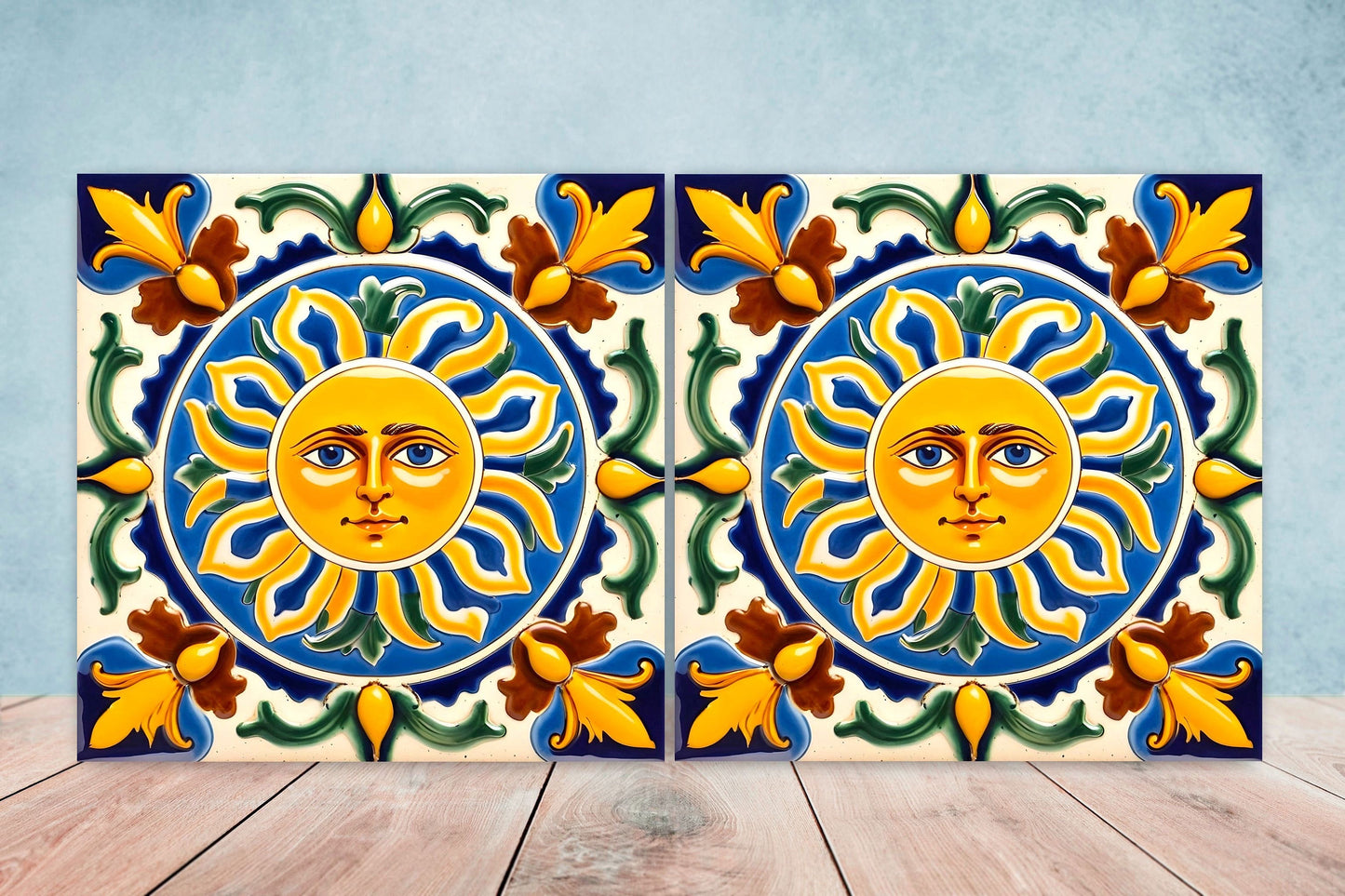 Italian Majolica Sun Tiles - Set of 2 Italian Wall Decor Tiles - Kitchen Backsplash Tiles, Table Decorative Tiles, Bathroom Tiles, Coaster