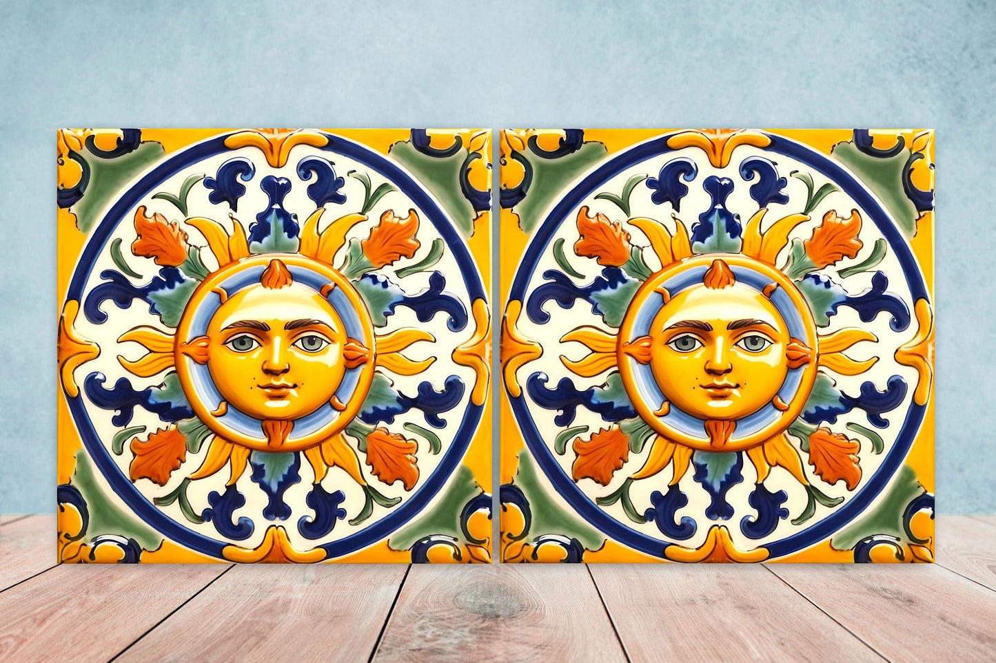 Italian Majolica Sun Tiles - Set of 2 Italian Wall Decor Tiles - Kitchen Backsplash Tiles, Table Decorative Tiles, Bathroom Tiles, Coaster