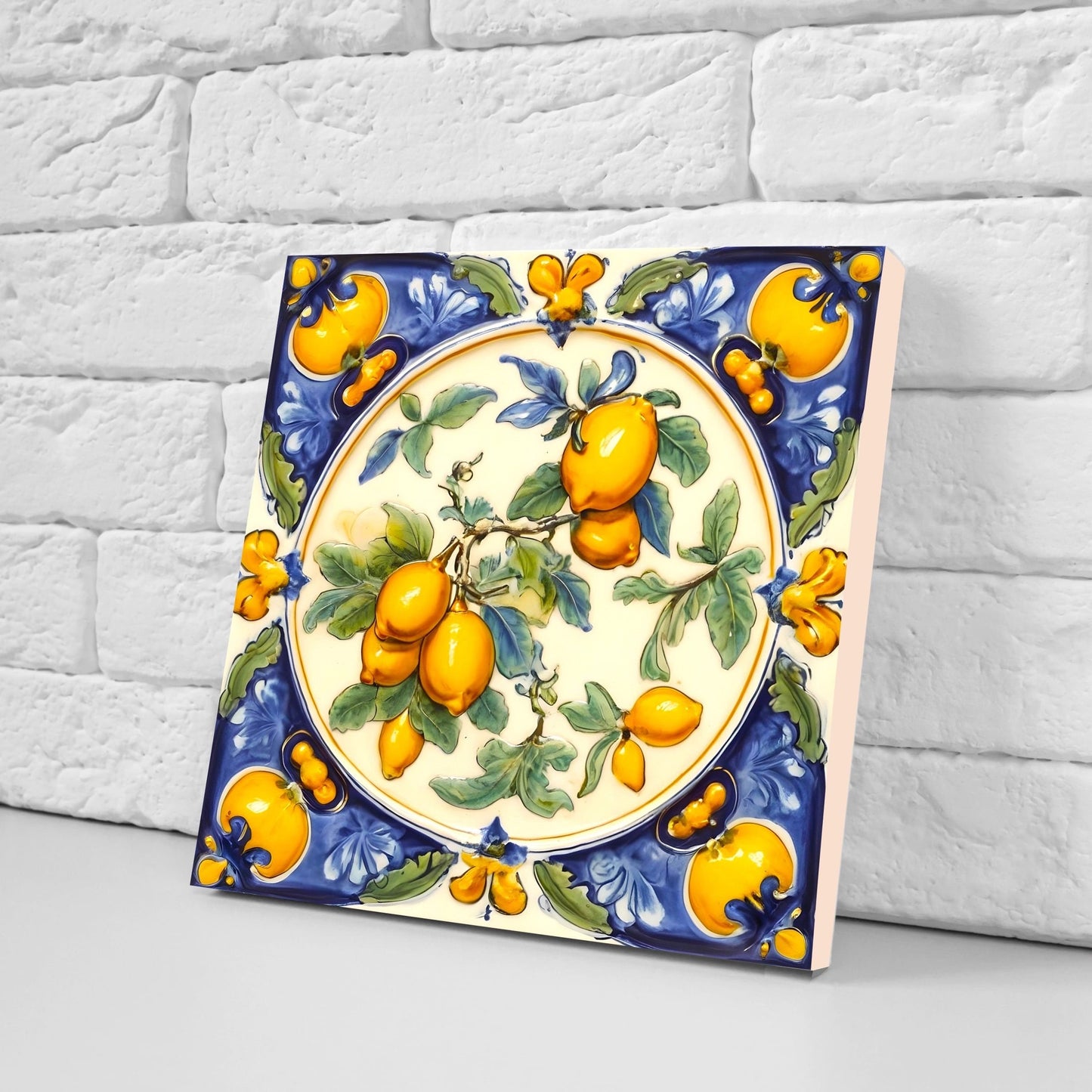 Italian Majolica Lemon Tiles - Set of 2 Italian Wall Decor Tiles - Kitchen Backsplash Tiles, Table Decorative Tiles, Bathroom Tiles, Coaster