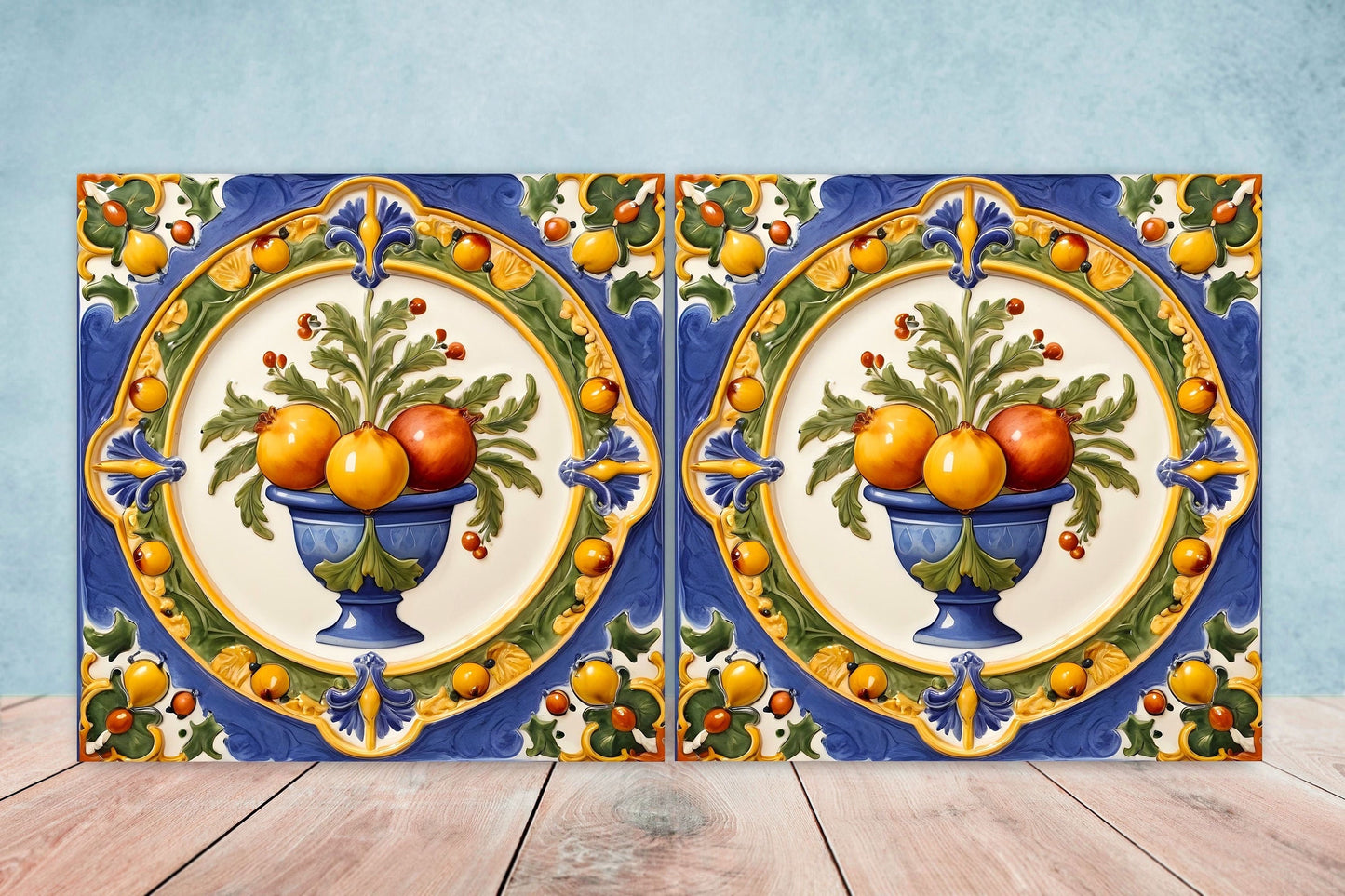 Italian Majolica Fruit Tiles - Set of 2 Italian Wall Decor Tiles - Kitchen Backsplash Tiles, Table Decorative Tiles, Bathroom Tiles, Coaster