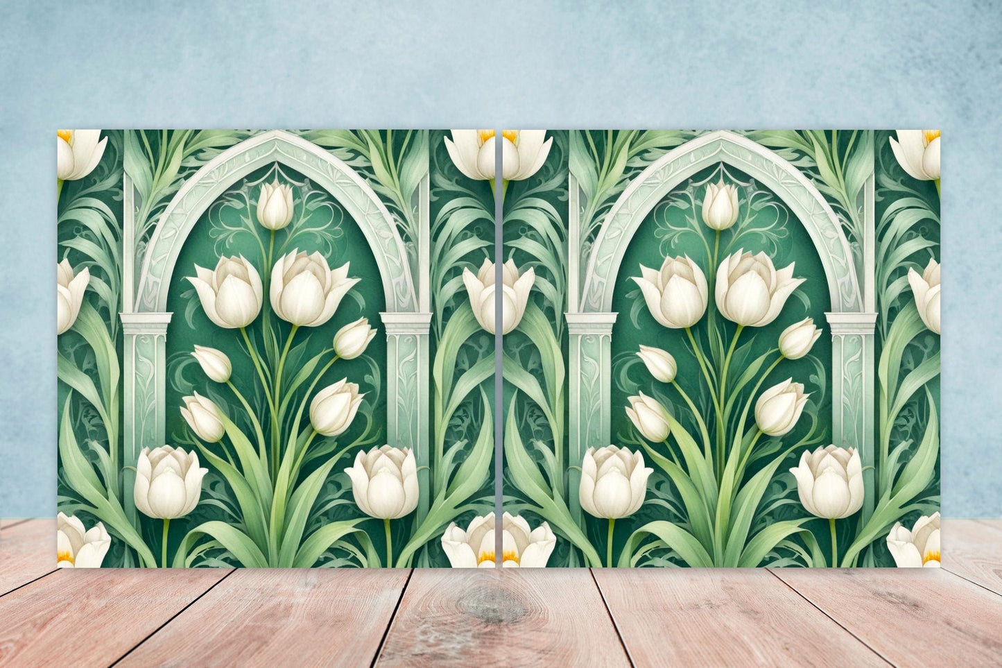 Art Nouveau Flower Ceramic Tiles - Set of 2 Art Nouveau Wall Decor Tiles - Kitchen Backsplash Tiles, Table Decorative Tiles, Bathroom Tiles