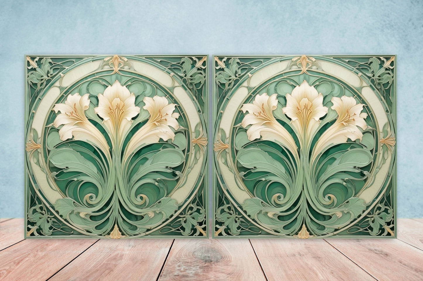 Art Nouveau Flower Ceramic Tiles - Set of 2 Art Nouveau Wall Decor Tiles - Kitchen Backsplash Tiles, Table Decorative Tiles, Bathroom Tiles