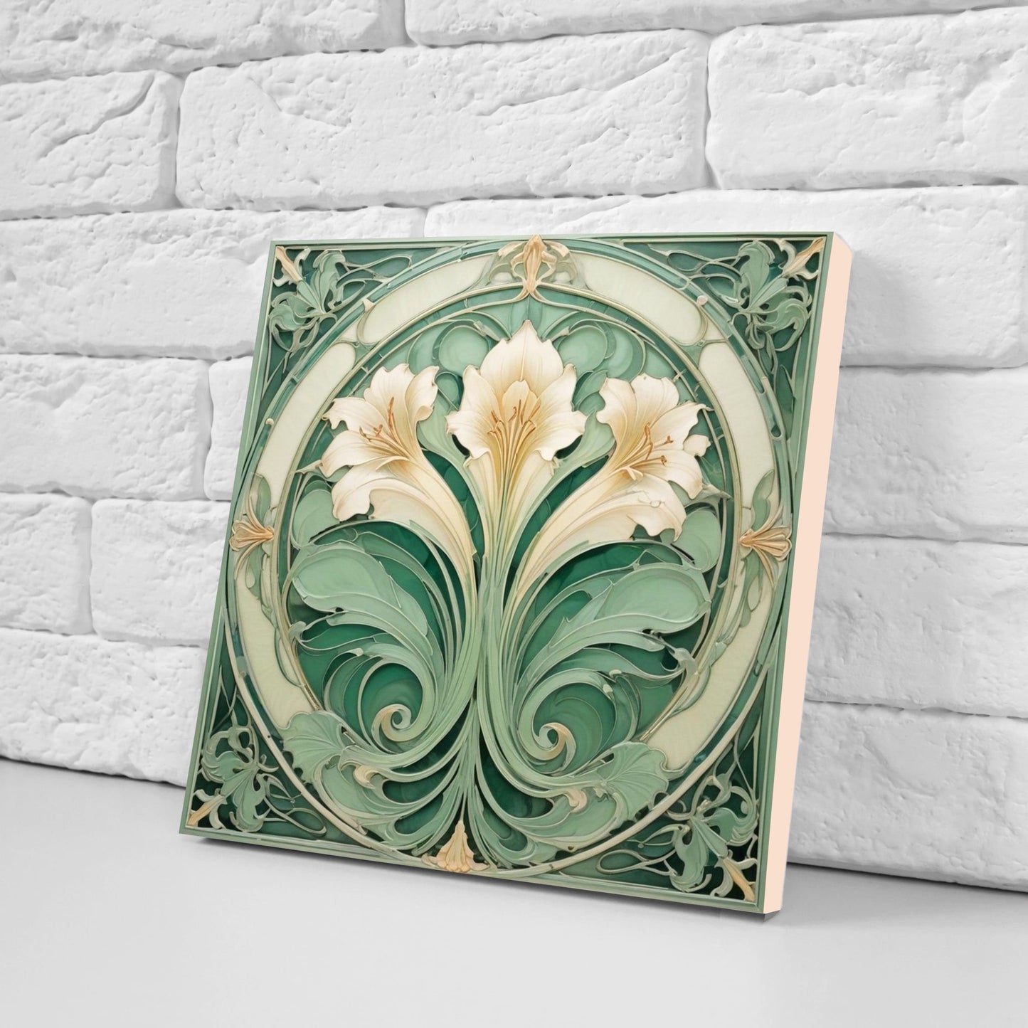 Art Nouveau Flower Ceramic Tiles - Set of 2 Art Nouveau Wall Decor Tiles - Kitchen Backsplash Tiles, Table Decorative Tiles, Bathroom Tiles