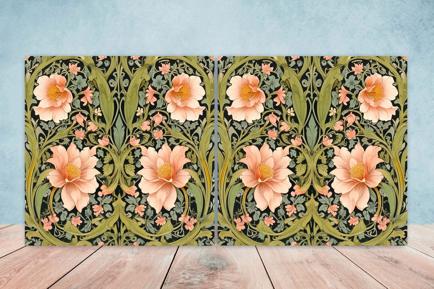 Art Nouveau Flower Ceramic tiles - Set of 2 Art Nouveau Wall Decor Tiles - Kitchen Backsplash Tiles, Table Decorative Tiles, Bathroom Tiles