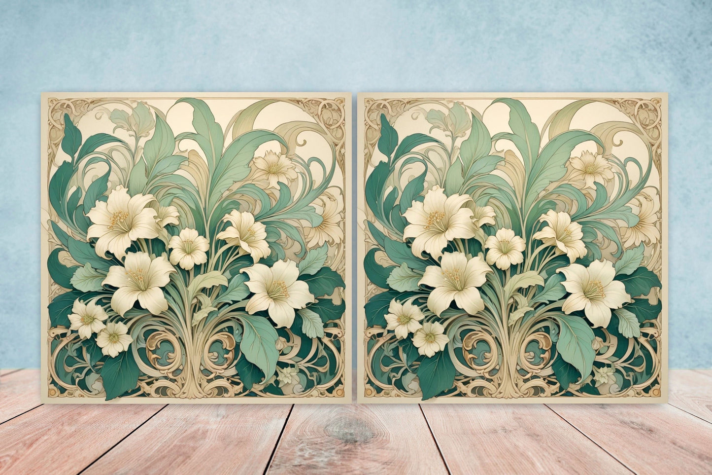 Art Nouveau Flower Ceramic Tiles - Set of 2 Art Nouveau Wall Decor Tiles - Kitchen Backsplash Tiles, Table Decorative Tiles, Bathroom Tiles