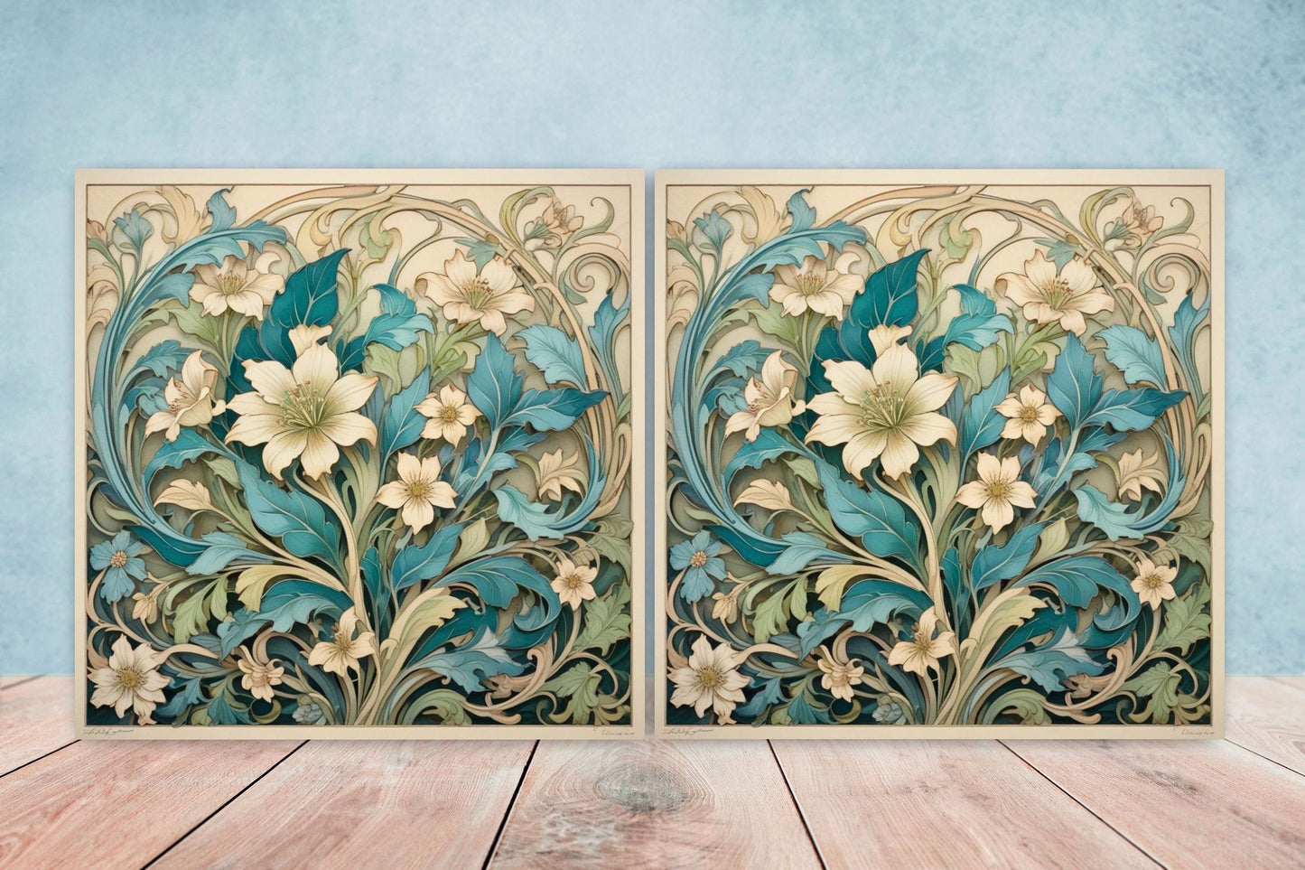 Art Nouveau Flower Ceramic Tiles - Set of 2 Art Nouveau Wall Decor Tiles - Kitchen Backsplash Tiles, Table Decorative Tiles, Bathroom Tiles