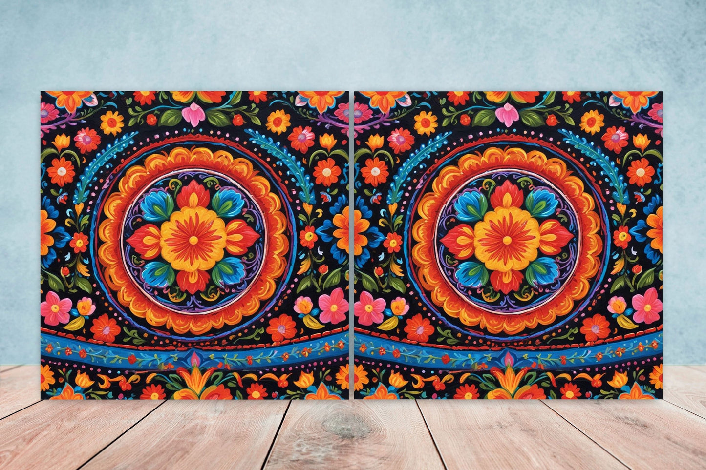Mexican Ceramic tiles - Set of 2 Mexican Folk design Wall Decor Tiles, Flower Tiles, Floral Print - Kitchen Backsplash Tiles, Bathroom Tiles