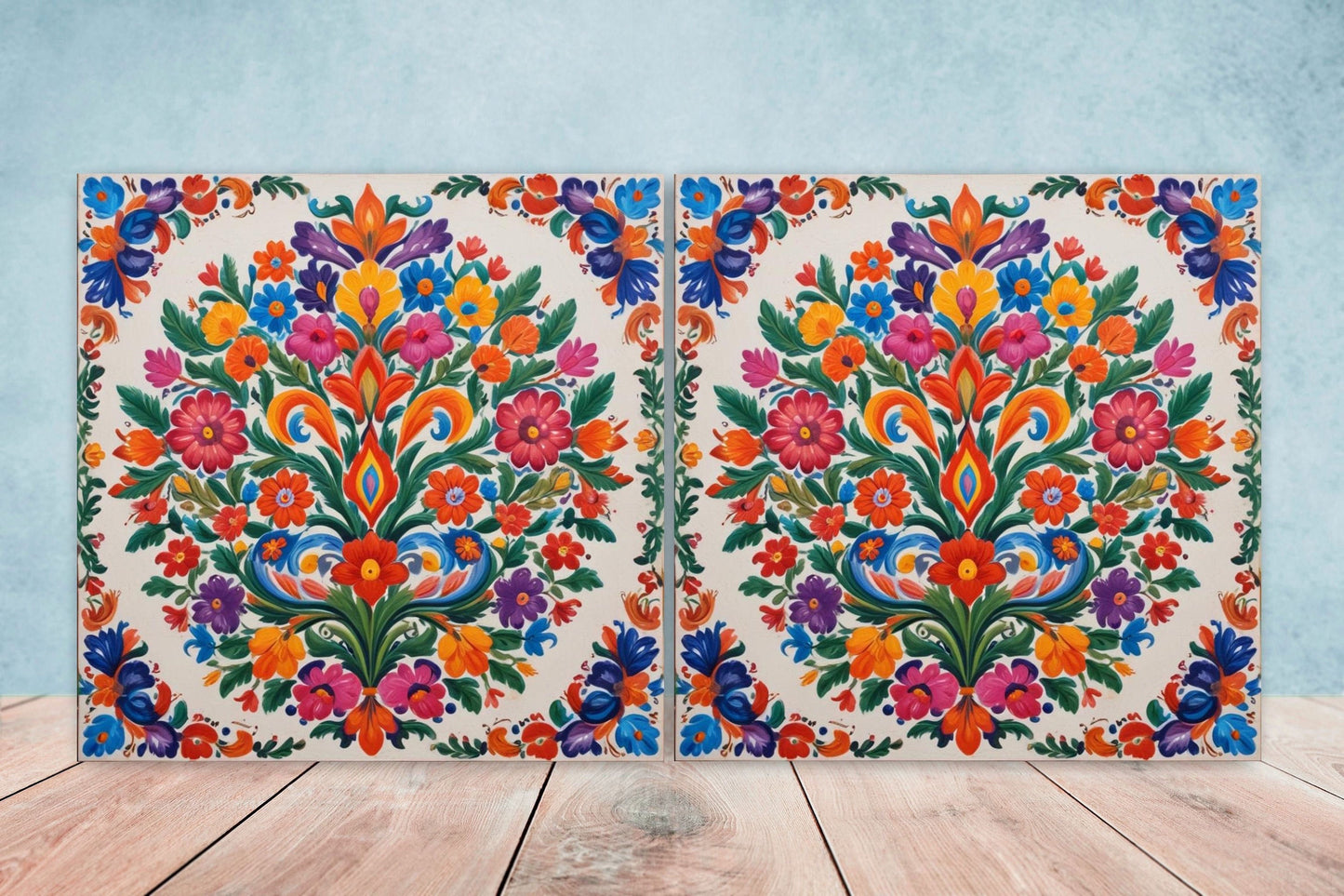 Mexican Ceramic tiles - Set of 2 Mexican Folk design Wall Decor Tiles, Flower Tiles, Kitchen Backsplash Tiles, Bathroom Tiles