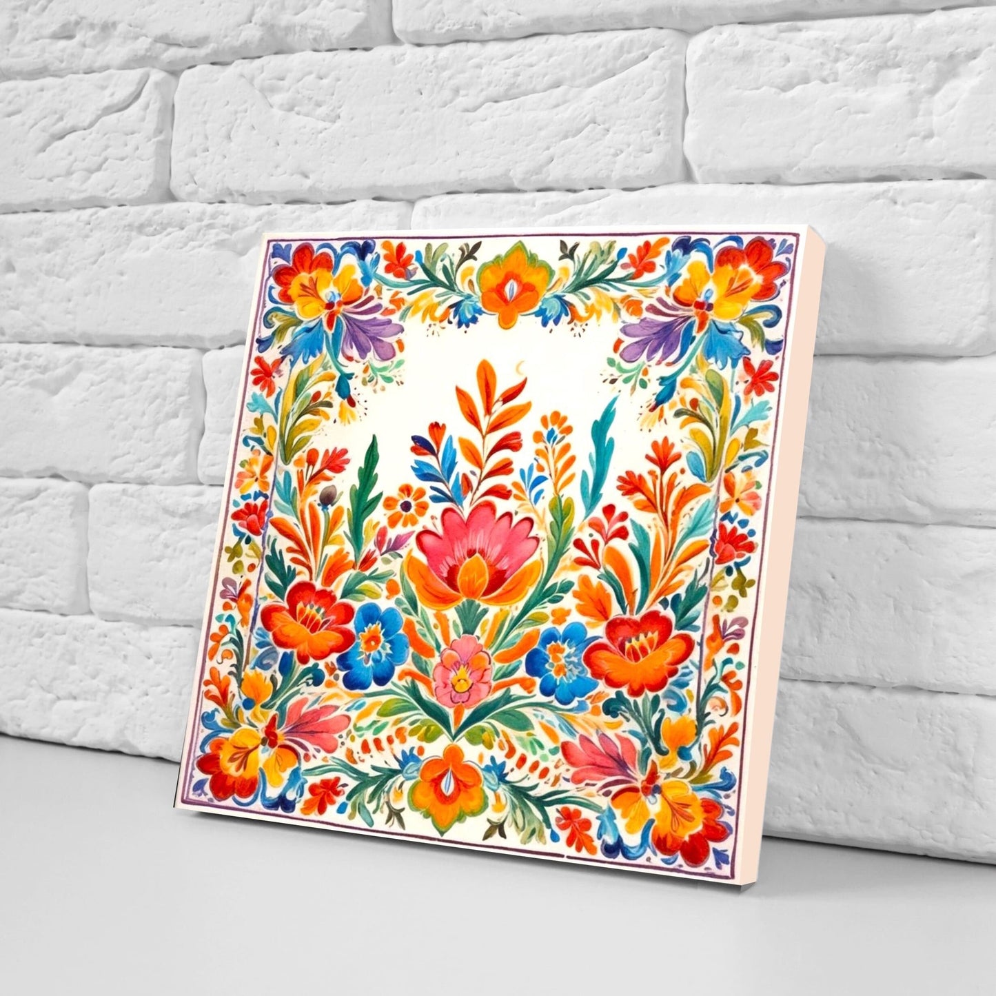 Mexican Ceramic tiles - Set of 2 Mexican Folk design Wall Decor Tiles, Flower Tiles, Kitchen Backsplash Tiles, Bathroom Tiles