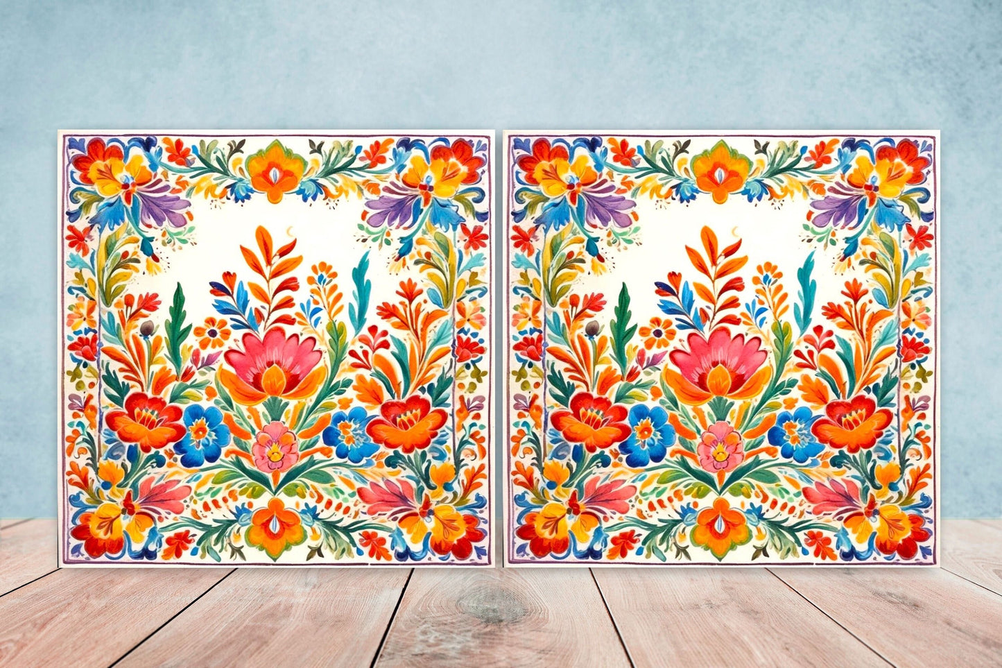 Mexican Ceramic tiles - Set of 2 Mexican Folk design Wall Decor Tiles, Flower Tiles, Kitchen Backsplash Tiles, Bathroom Tiles