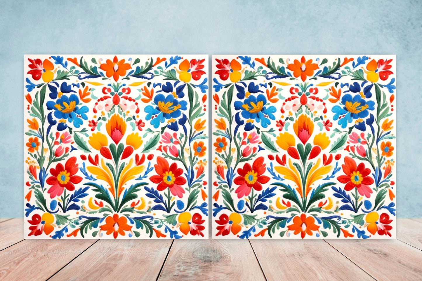 Mexican Ceramic tiles - Set of 2 Mexican Folk design Wall Decor Tiles, Flower Tiles, Kitchen Backsplash Tiles, Bathroom Tiles