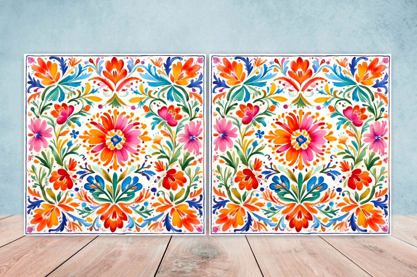 Mexican Ceramic tiles - Set of 2 Mexican Folk design Wall Decor Tiles, Flower Tiles, Kitchen Backsplash Tiles, Bathroom Tiles
