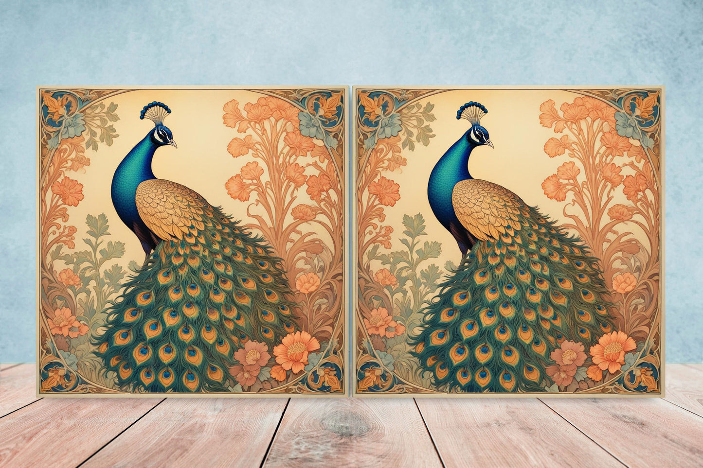 Art Nouveau Peacocks Ceramic tiles - Set of 2 Art Nouveau Bird Wall Decor Tiles - Kitchen Backsplash Tiles, Bathroom Tiles