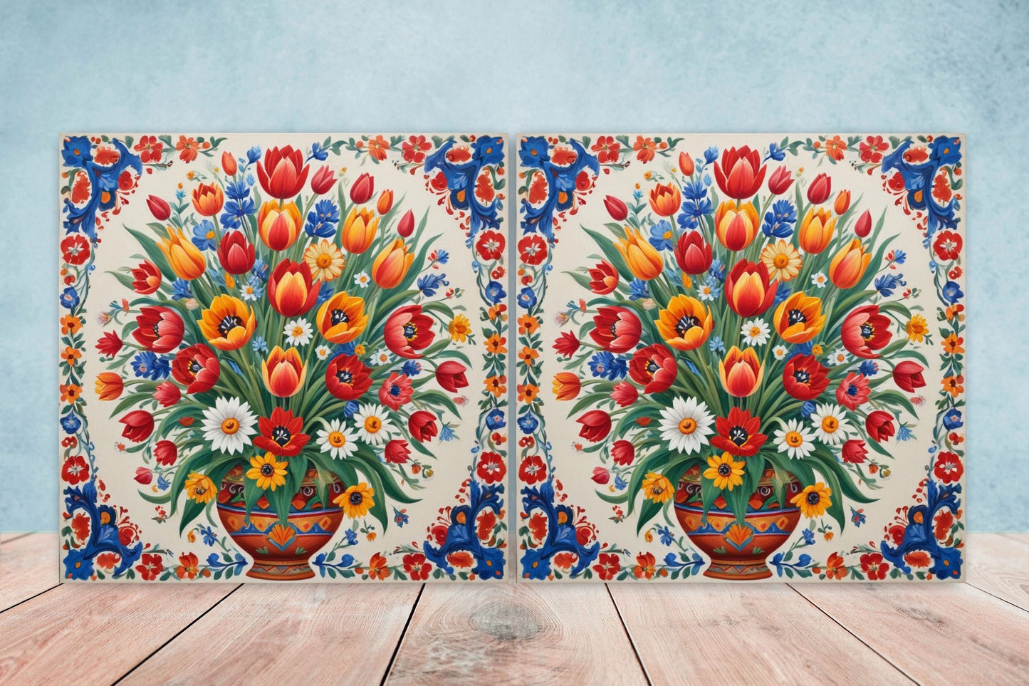 Mexican Ceramic tiles - Set of 2 Mexican Folk design Wall Decor Tiles, Flower Tiles, Floral Print - Kitchen Backsplash Tiles, Bathroom Tiles