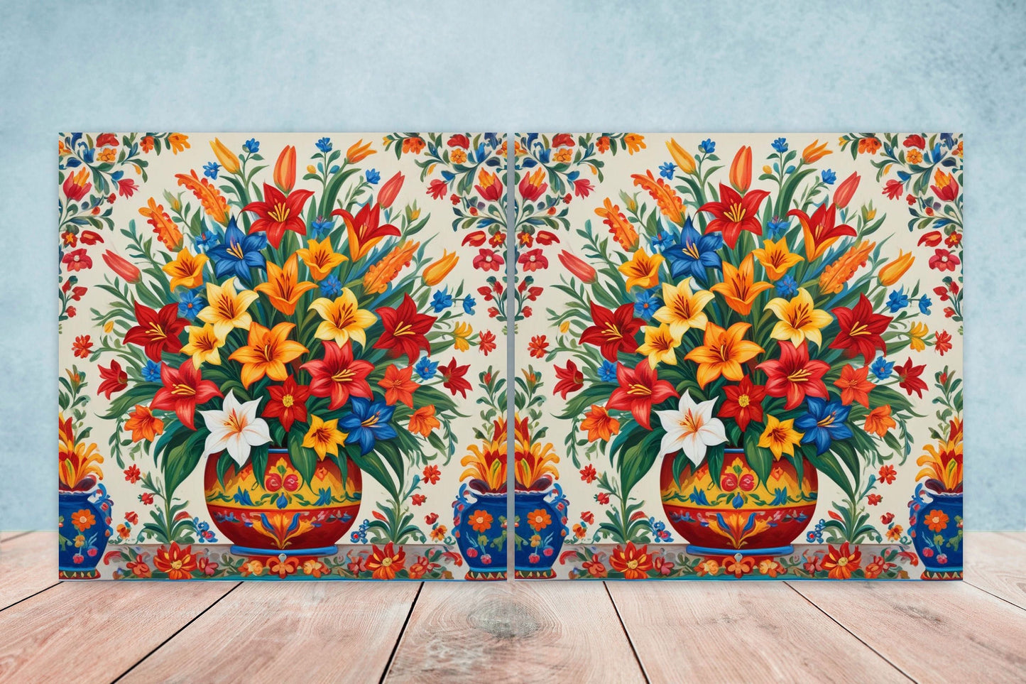Mexican Ceramic tiles - Set of 2 Mexican Folk design Wall Decor Tiles, Flower Tiles, Floral Print - Kitchen Backsplash Tiles, Bathroom Tiles