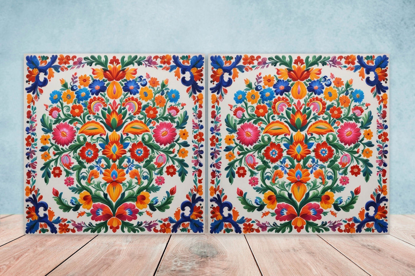 Mexican Ceramic tiles - Set of 2 Mexican Folk design Wall Decor Tiles, Flower Tiles, Floral Print - Kitchen Backsplash Tiles, Bathroom Tiles