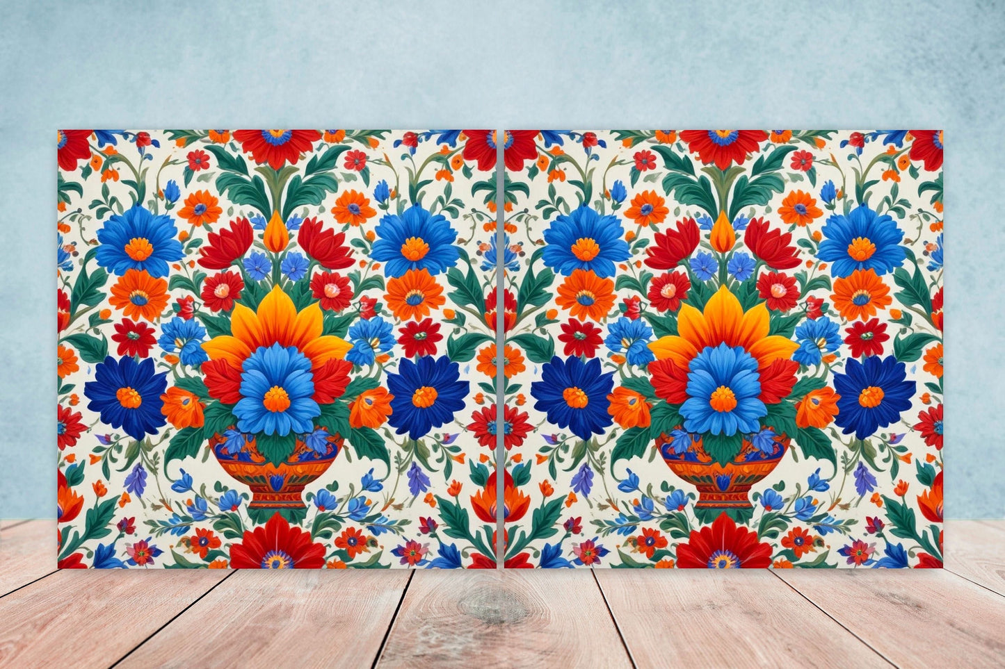 Mexican Ceramic tiles - Set of 2 Mexican Folk design Wall Decor Tiles, Flower Tiles, Floral Print - Kitchen Backsplash Tiles, Bathroom Tiles