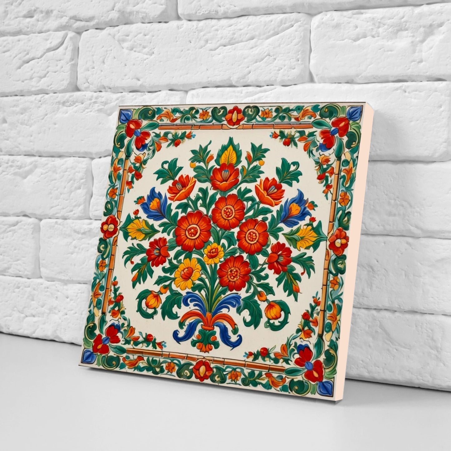 Mexican Ceramic tiles - Set of 2 Mexican Folk design Wall Decor Tiles, Flower Tiles, Floral Print - Kitchen Backsplash Tiles, Bathroom Tiles
