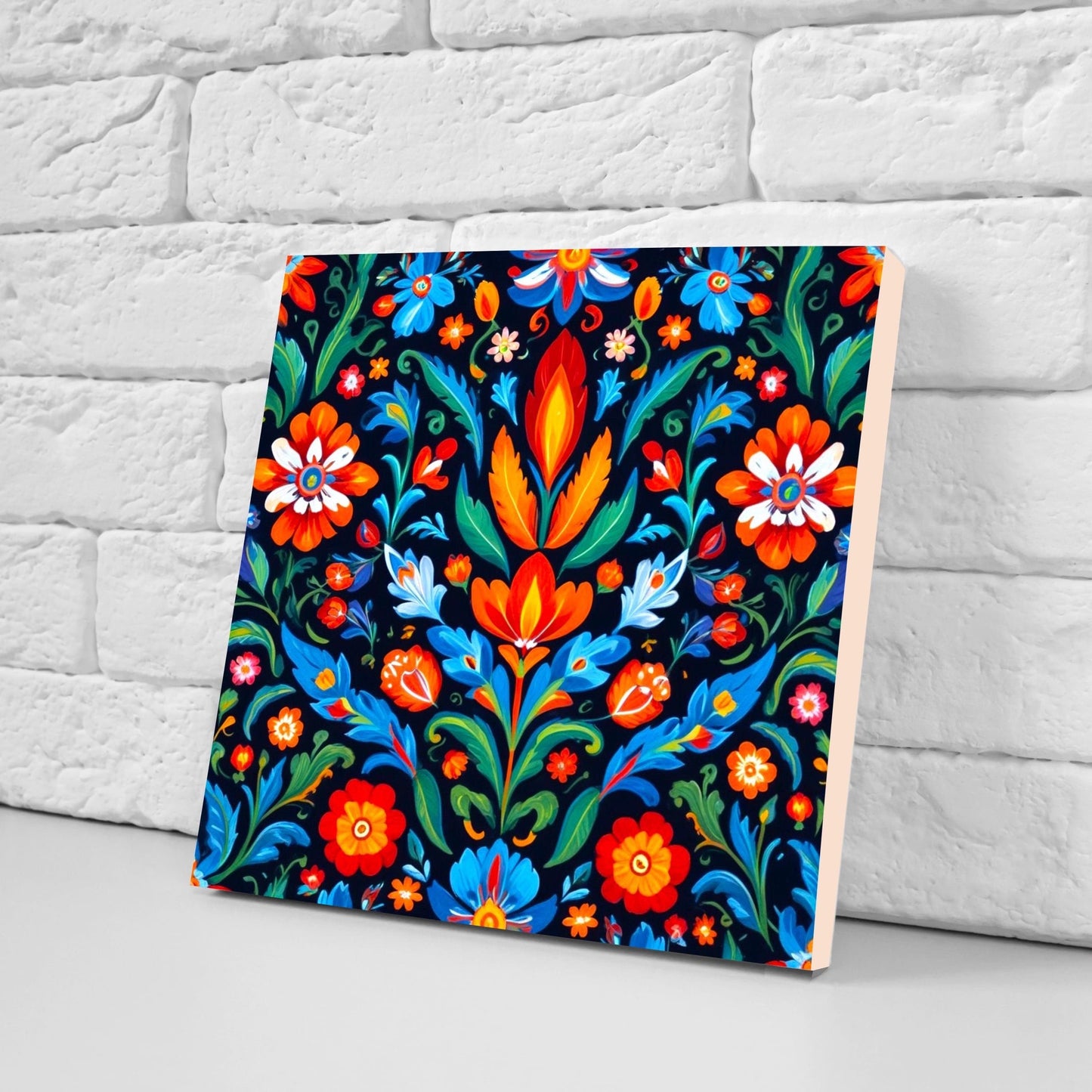 Mexican Ceramic tiles - Set of 2 Mexican Folk design Wall Decor Tiles, Flower Tiles, Floral Print - Kitchen Backsplash Tiles, Bathroom Tiles