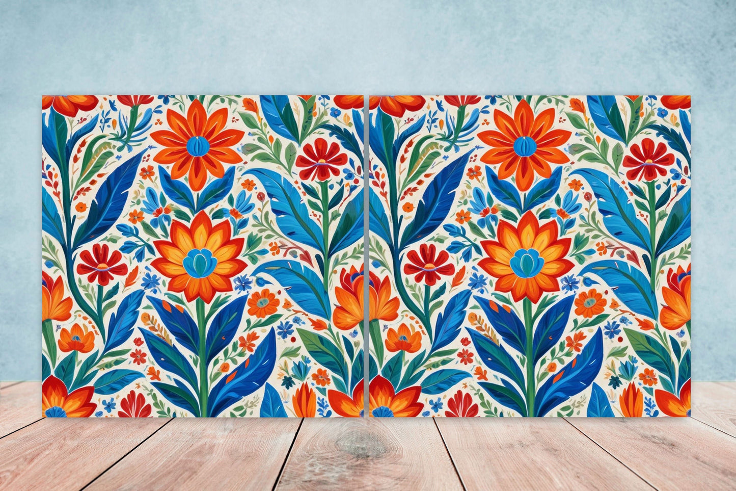 Mexican Ceramic tiles - Set of 2 Mexican Folk design Wall Decor Tiles, Flower Tiles, Floral Print - Kitchen Backsplash Tiles, Bathroom Tiles